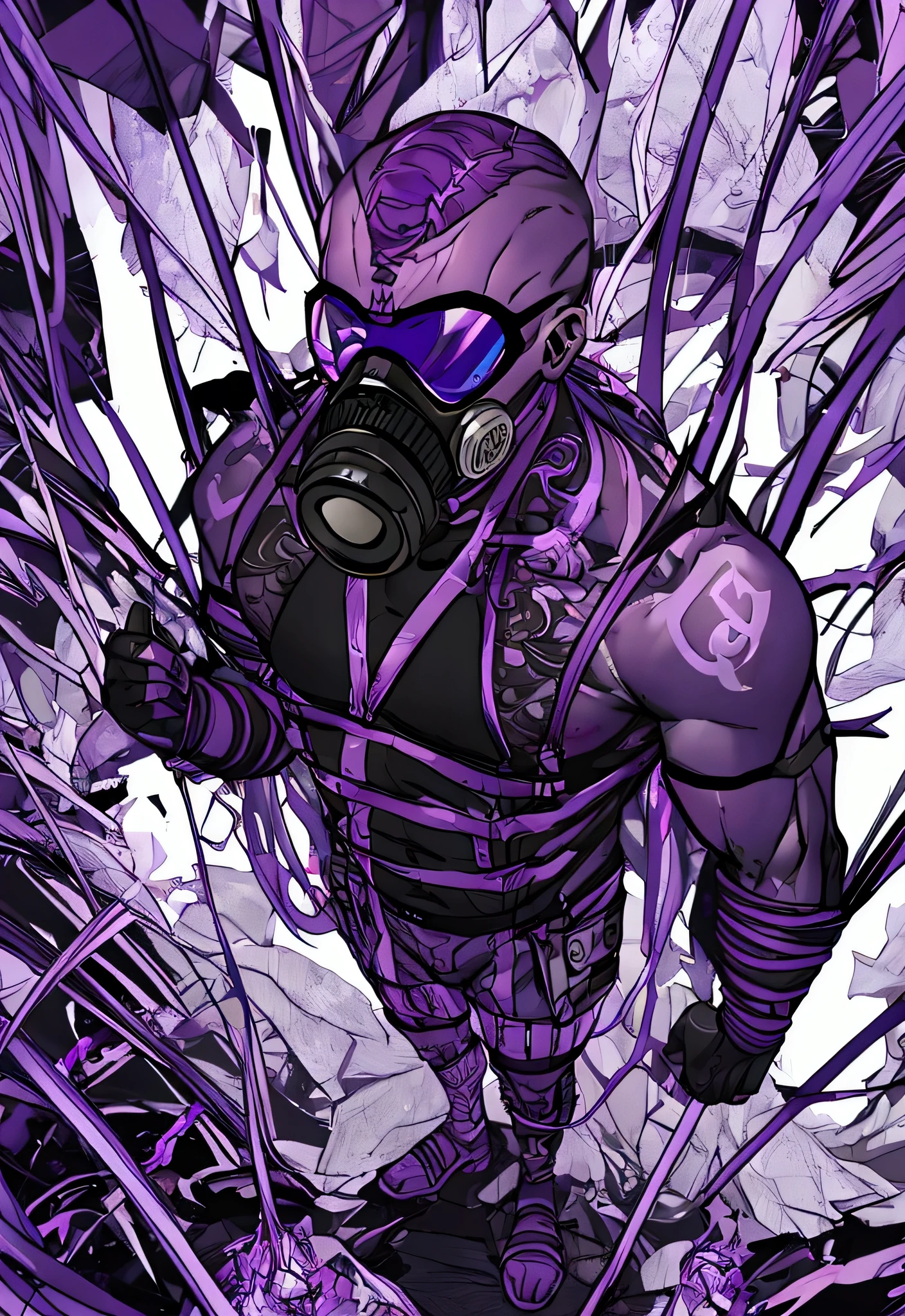 a strong, muscular man with lots of electrical wires on his body and a purple gas mask, purple tattoos burns