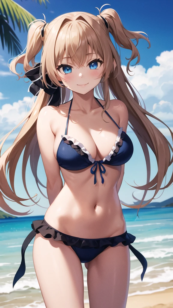 masterpiece, best quality, highres, 1girl, solo, long hair, blonde hair, two side up, (hair ribbon:1.2), blue eyes, frilled bikini, beach, standing, cowboy shot, arms behind back, smile,