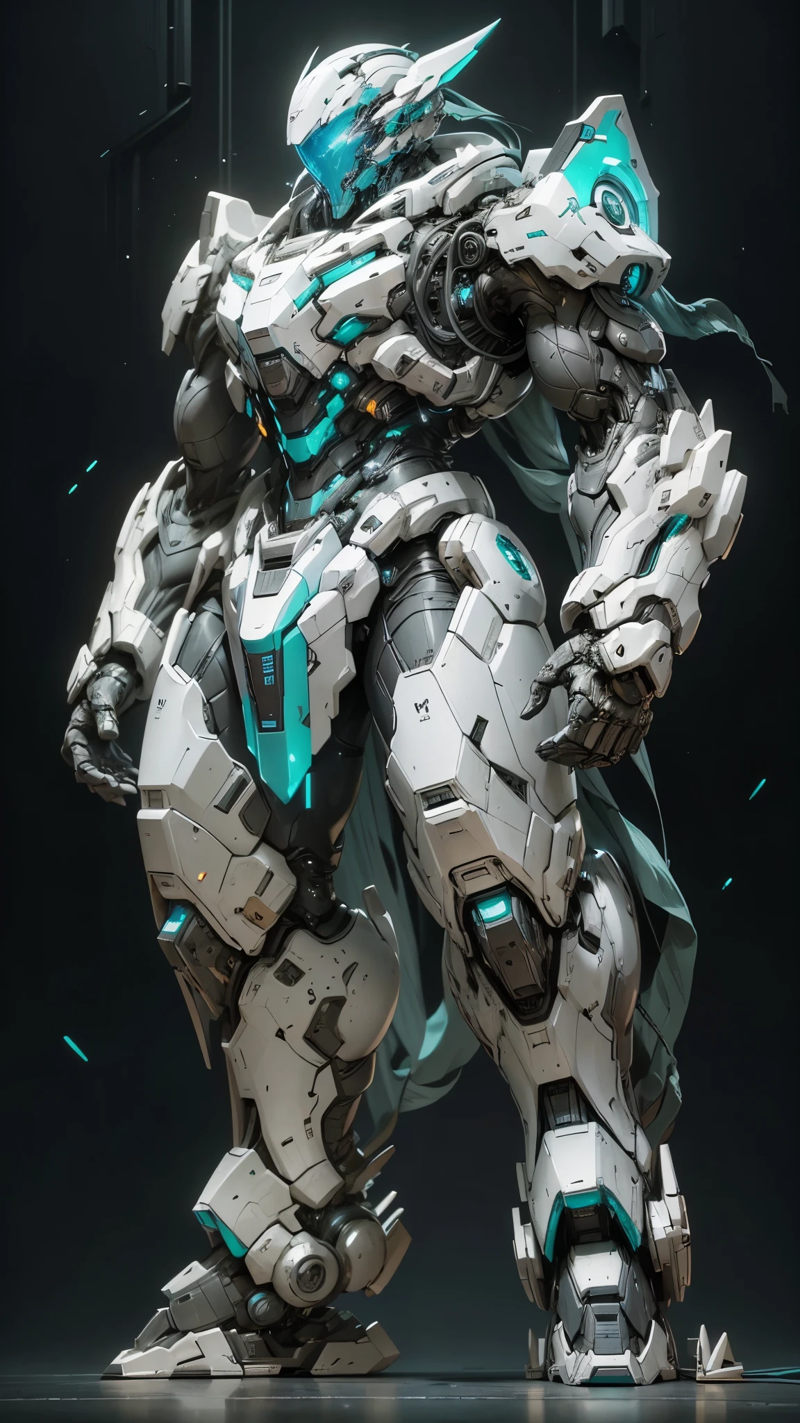 Prompt:
Create a futuristic mech warrior standing in a dark, industrial setting. The mech should be primarily white with teal accents, and its design should be sleek and streamlined. The lighting should be dramatic, with a strong focus on the mech and a deep, atmospheric background. The character piloting the mech should be visible through the transparent cockpit, wearing a futuristic suit and helmet. The mech's pose should be dynamic and assertive, suggesting power and readiness for combat.
Image Breakdown:
 * Character: A humanoid mech warrior.
 * Coloring: Primarily white with teal accents, creating a clean and futuristic aesthetic.
 * Lighting: Dramatic, with a strong focus on the mech and a deep, atmospheric background.
 * Setting: A dark, industrial environment, such as a factory or spaceship hangar.
 * Pose: Dynamic and assertive, suggesting power and readiness for combat.
 * Details: Transparent cockpit revealing the pilot, futuristic design elements, and intricate mechanical details.
Standing against a natural gray background 
