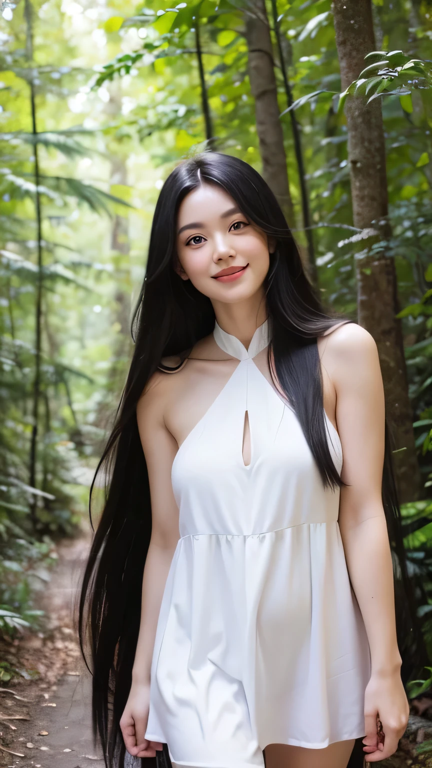 beautiful woman. white skin. Long black hair. ojos morados. smiling. She wears a white medieval dress. neckline. You can see her legs. In a forest with big trees.