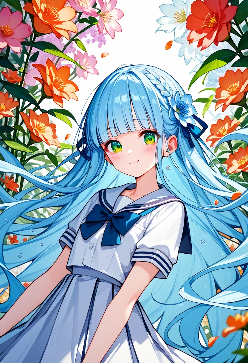 masterpiece, best quality, extremely detailed, (illustration, official art:1.1), 1 girl ,(((( light blue long hair)))), ,(((( light blue long hair)))),light blue hair, , long hair ((blush)) , cute face, big eyes, masterpiece, best quality,(((((a very delicate and beautiful girl))))),Amazing,beautiful detailed eyes,blunt bangs((((little delicate girl)))),(((tareme))),droopy eyes.(true beautiful:1.2), sense of depth,dynamic angle,,,, affectionate smile, (true beautiful:1.2),,(tiny 1girl model:1.2),)(flat chest), Poster,(Mucha:1.2),((Art Deco,Botanical Art,Flower Art)),(Floral:1.2),Lily flower, (masterpiece, Highest quality),(Vibrant colors,colorful),(Amazing details,Detailed Background),Anatomically correct,Accurate drawing,Detail view,Sense of luxury, Girl takes off clothes:1.6, Bare Belly, (school uniform:1.5), Spread your legs,
