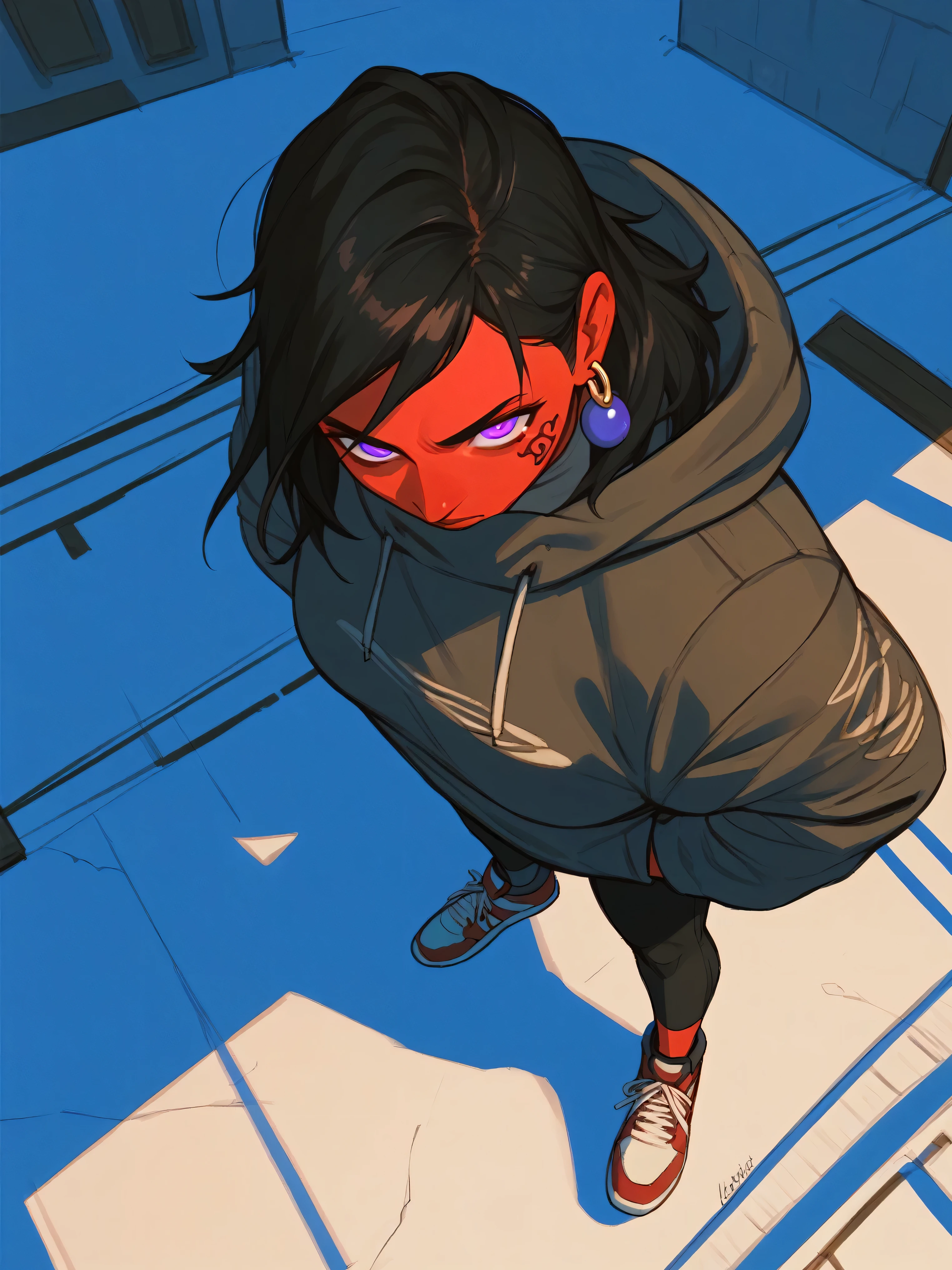 A high-angle, she has shining eyes-style sketch of a young woman with red skin, black hair, and purple eyes. She is putting on streetwear Nike winter clothing, with a strong, muscular build. The woman is tall, has earrings, and is covered in street tattoos. She walks downtown, and the scene captures her from above in motion. with a modern vibe that matches her edgy appearance. The sketch emphasizes bold lines and the gritty, dynamic energy,bright eyes, smiled 