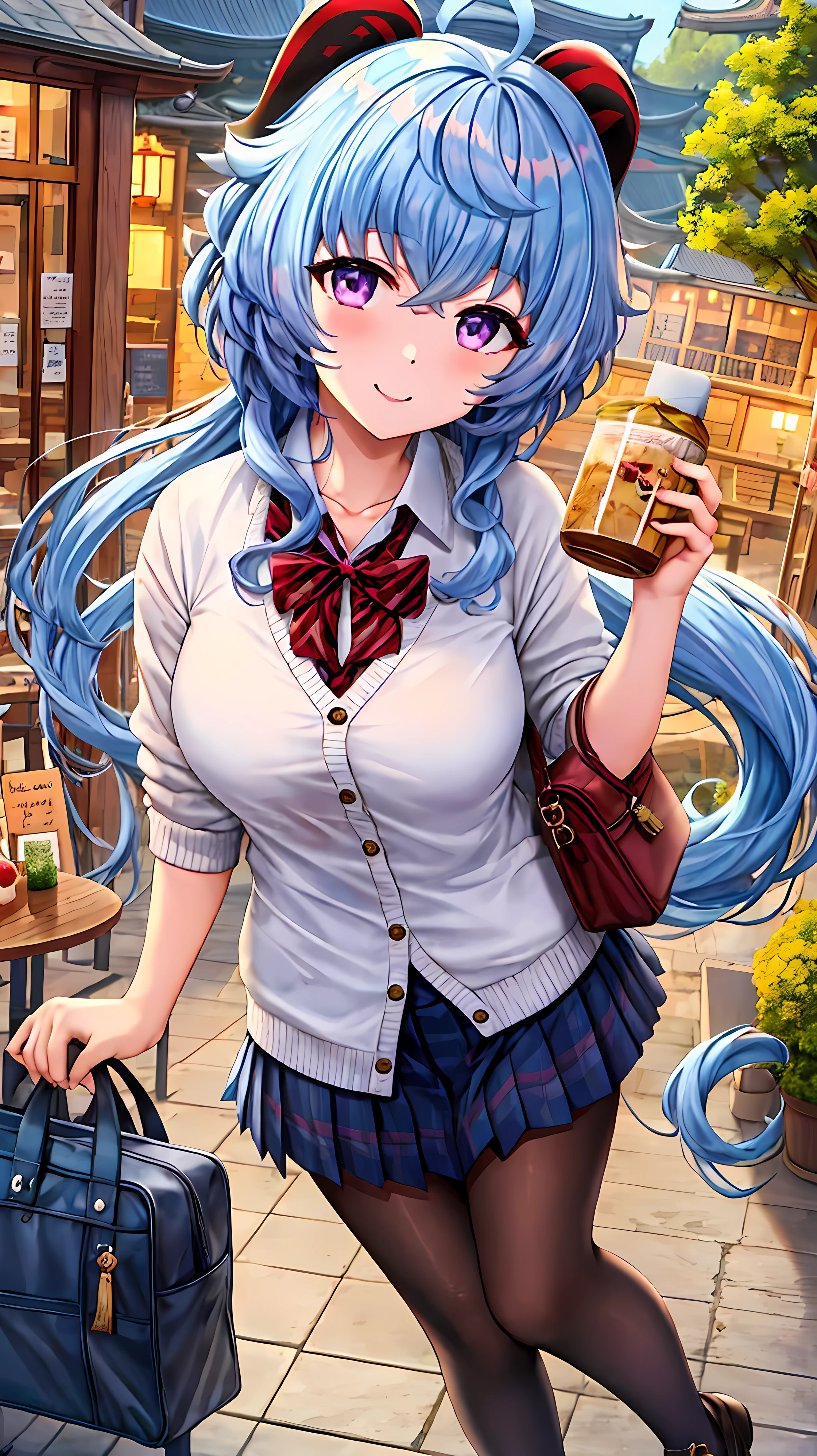 ganyu \(genshin impact\), Blue Hair, Length hair, Purple eyes, bangs, Seraph of the Black, Cardigan, School bag,
Break Shiny Eyes, Beautiful Eyes, Enchanting, Erotic, Shiny skin, break outdoors, break looking at viewer, (whole body:1.5), smile,Composition from below, Thighs, sexy, From the front, Red cheeks, smile, alone, Close one eye, Wink break (masterpiece:1.2), Best Quality, High resolution, unity 8k wallpaper, (figure:0.8), (Beautiful Fine grain:1.6), Highly detailed face, Perfect lighting, Highly detailed CG, (Perfect hands, Perfect Anatomy)
break ((masterpiece,Best Quality)), Super detailed, Shine, Shine, Ray Tracing, (Perfect Face, Detailed face, Fine grain, Perfect hands, Perfect Fingers:1.5), HD, Super cute face, Best Quality, Super detailed, break Shine目, break (Best Quality Photorealistic Illustrations), (Super Fine), (Cute illustrations:1.3), (High chroma:1.3),
BREAK Detailed beautiful face and eyes, Dynamic lighting, (Very delicate and beautiful),
break (Nice hands), (Perfect hands:1.4), Highly detailed illustration, Super cute and beautiful, Best Quality, slender, small,,
break (Complex background, There are many elements in the background:1.2), Portraiture, Standing, Cafe, table, blackboard, Depth of written boundary, Particles of light,((Super detailed background)), ((8K wallpaper)),