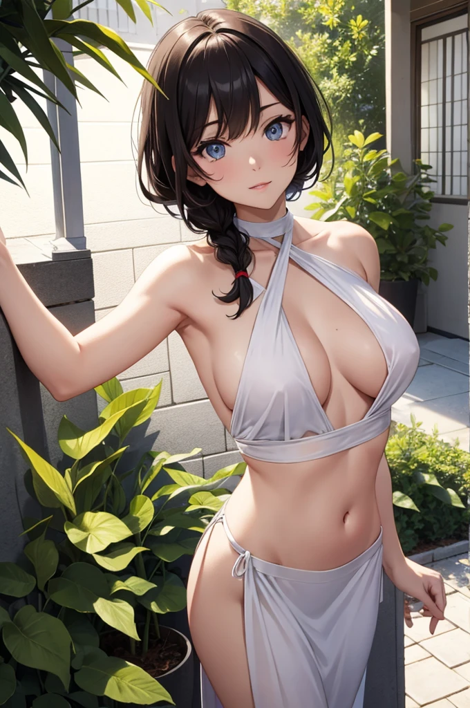 hyuuga trabalharbi, cabelo longo amarrado baixo, hair elastic, trabalhar, olhos roxos, lindo, lindo woman, cabelo entre os olhos, Corpo perfeito, seios perfeitos, vestindo uma grande camisa laranja, calcinha vermelha, in cama, camaroom, cama, sitting on the cama sleeping, olhando para o espectador, sorrindo levemente, Realismo, Obra de arte, pele texturizada, Super Detalhe, Alto detalhe, alta qualidade, melhor qualidade, 1080p, 16K, lingerie