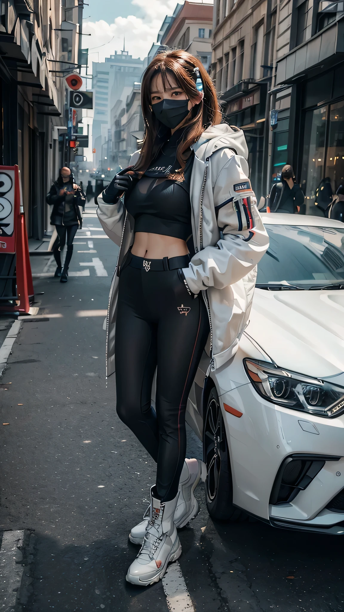 anime girl in black and white outfit walking down the street, woman in streetwear, she wearing streetwear, wearing japanese techwear, japanese streetwear, wearing cyberpunk streetwear, harajuku street fashion, tights; on the street, japanese city street fashion, tokyo fashion, japanese street fashion, street fashion clothing, wearing futuristic clothing, harajuku fashion