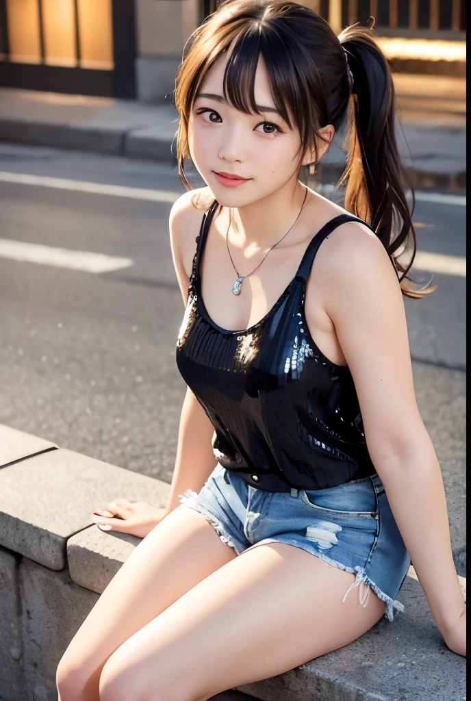 (highest quality,masterpiece:1.3,Ultra-high resolution),(Very detailed、Caustics) (Realistic:1.4, RAW shooting、)Ultra-Realistic Capture、Very detailed、Natural skin texture、masterpiece、(Japanese girl in sequin tank top and jeans skirt:1.3)、Adorable expression、Expressions of happiness、14 years old、height: 148cm、Young Face、Amazingly cute、Twin tail hairstyle、Straight hair、Scrunchie、necklace、Black Hair、light makeup、Slightly large chest、Shining thighs、Shining ass、Photo shoot in a private garden、Background details、smile、An inviting gaze、Anatomically correct、Cowboy Shot、Attention to detail、Sit on a bench、
