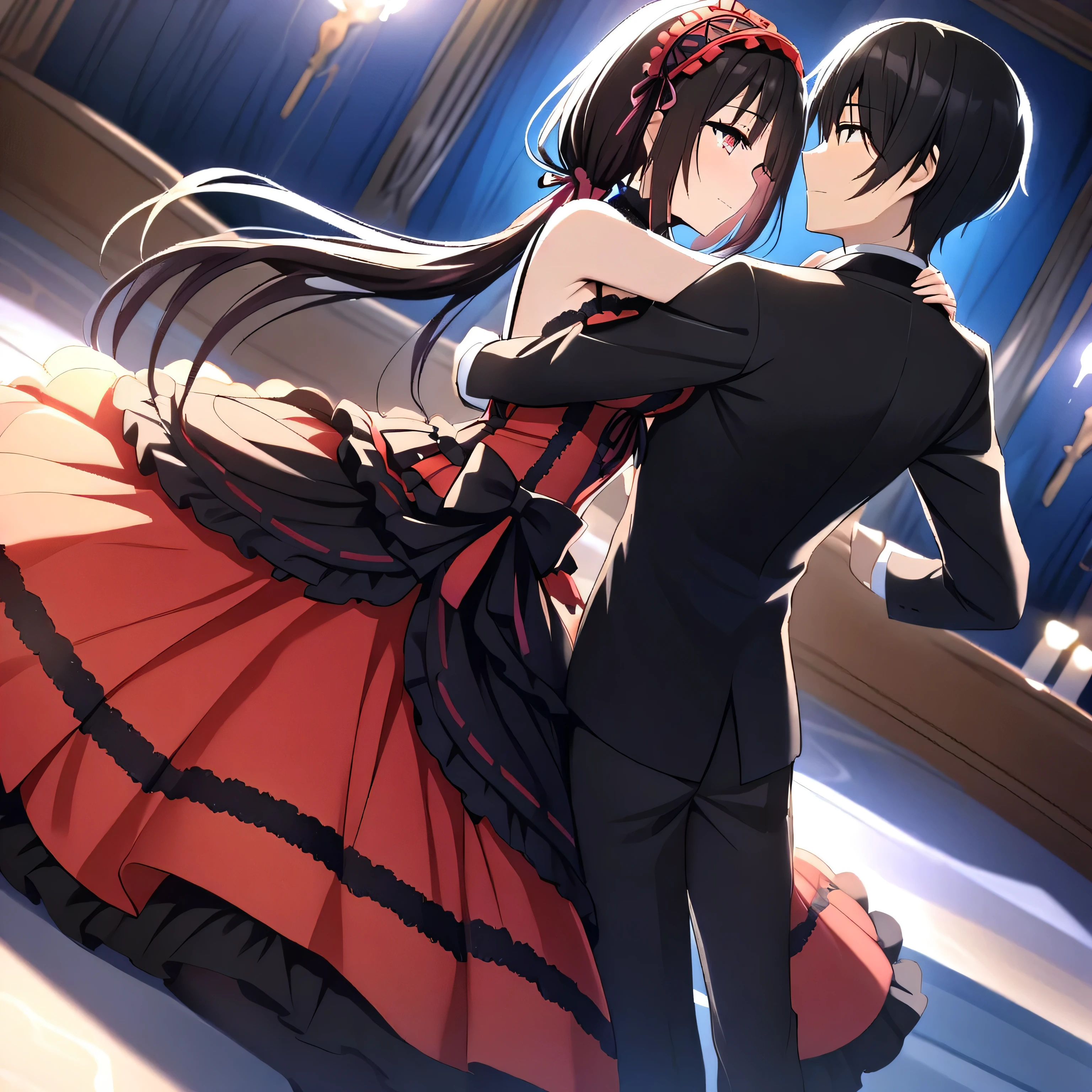 1 couple, dancing in a ballroom together, Beautiful eyes, girl with astral dress (Kurumi Tokisaki), boy with black hair, best lighting, romantic atmosphere, romantic moments, unique angle shots, vibrant dresses, staring eachother while dancing