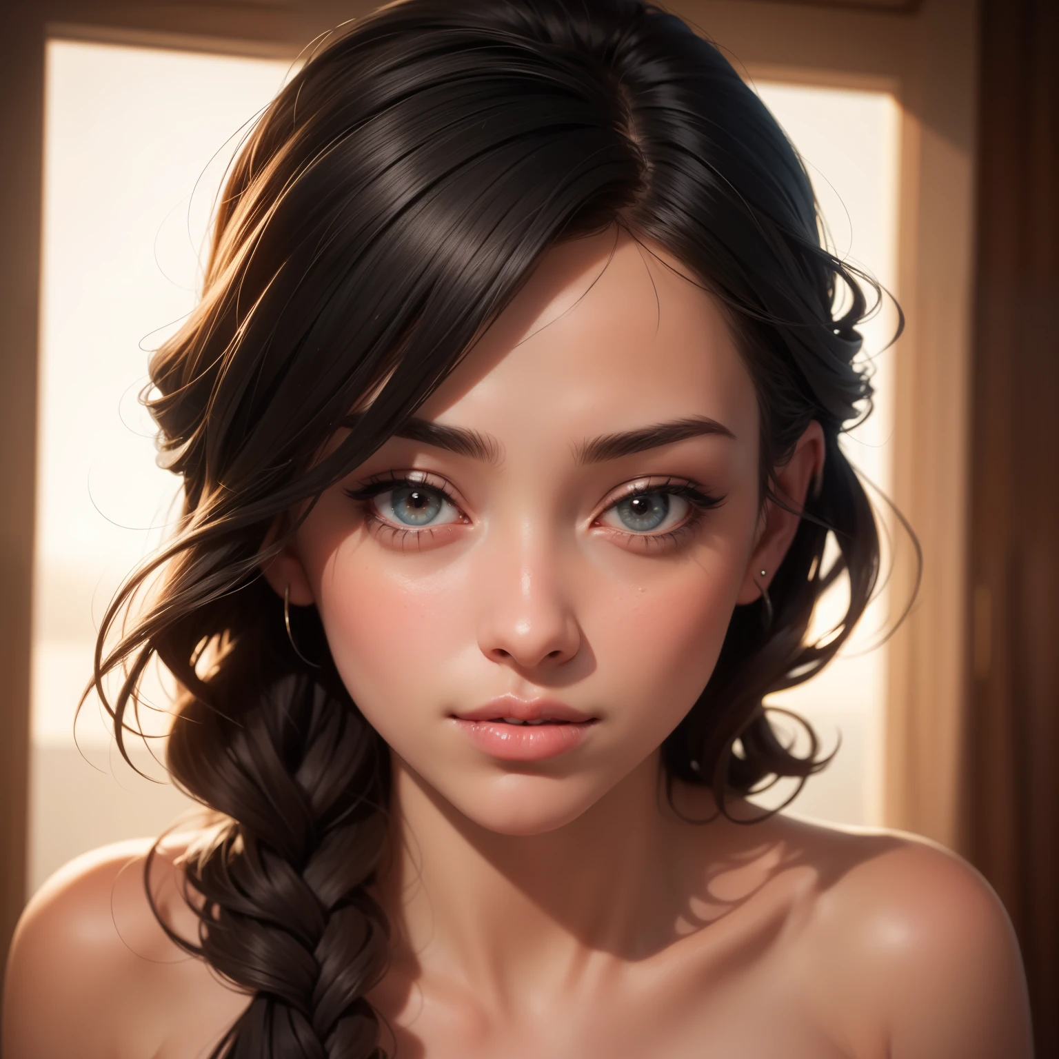 a beautiful woman with long black braided hair, seductive soft eyes, blushing hard, pink parted lips with a seductive smile, long neck and collarbone, medium chest and cleavage, wearing an off-shoulder t-shirt exposing her bare shoulders, (best quality,4k,8k,highres,masterpiece:1.2),ultra-detailed,(realistic,photorealistic,photo-realistic:1.37),intricate details,highly detailed face,extremely detailed eyes and face,longeyelashes,beautiful detailed lips,extremely detailed skin,cinematic lighting,warm color tones,chiaroscuro lighting,romantic,sensual,intimate,alluring,captivating