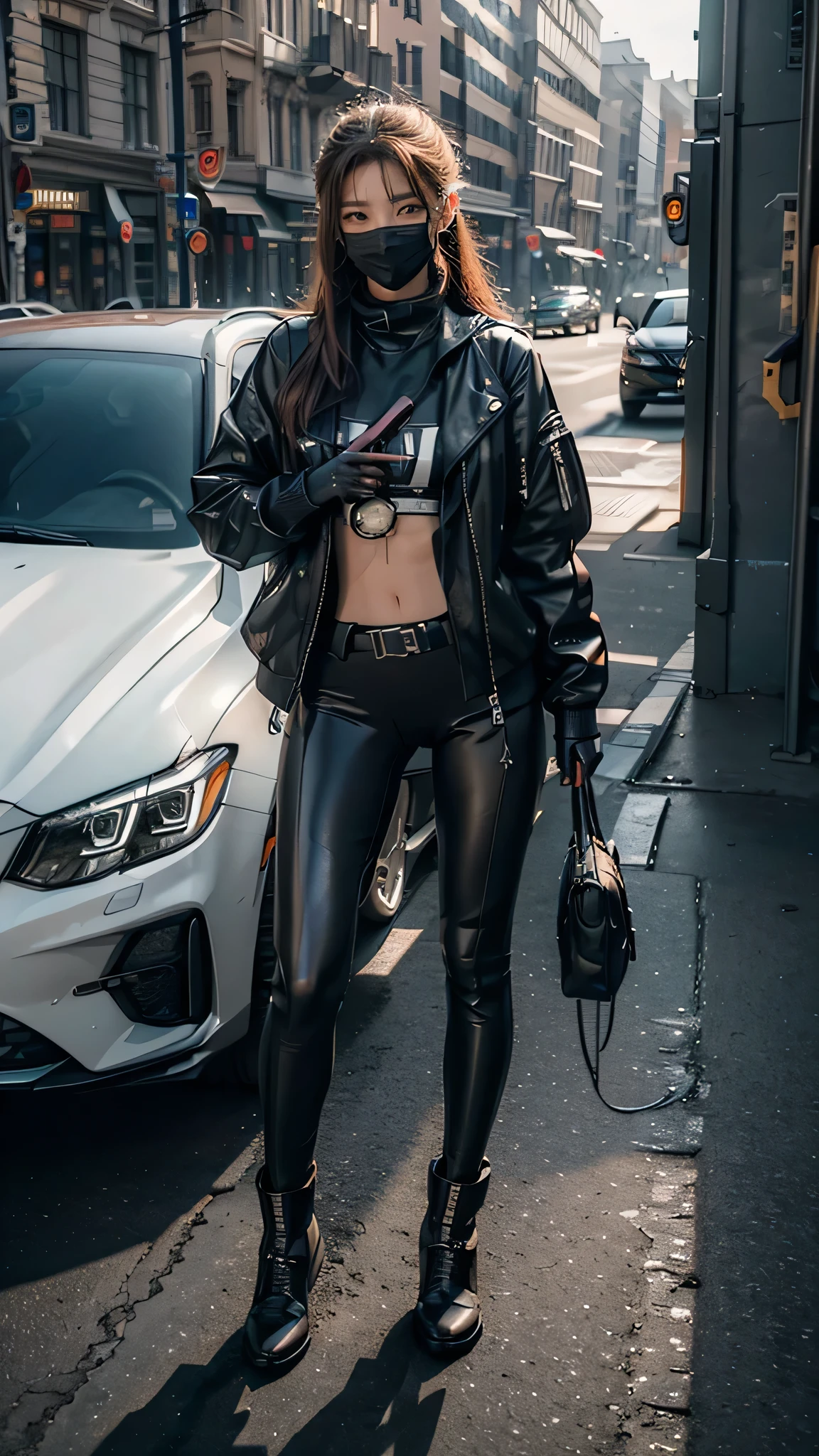 ((high quality)), ((masterpiece)), 8k, 2girls, cars, light rays, extremely detailed CG unity 8k wallpaper, cg game, looking at viewer, gloves, boots, upper body, watch , computer, mask, drone, holding gun, headphones, jacket, bag, backpack, cameltoe, neon
