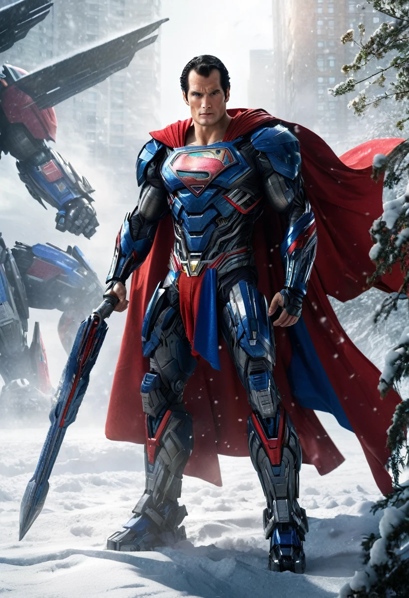 a close up of a superman standing in front of a snow, transformers cinematic universe, wojtek fus, hq 4k wallpaper, transformers : the last knight, in the movie transformers, thertrevkaiser, Henry Cavill as superman, artstation masterpiece, super robot, superman fused with optimus prime, japanese dc live-action movie, hd wallpaper, inspired by Zack Snyder, Henry Cavil so handsome, snow suit