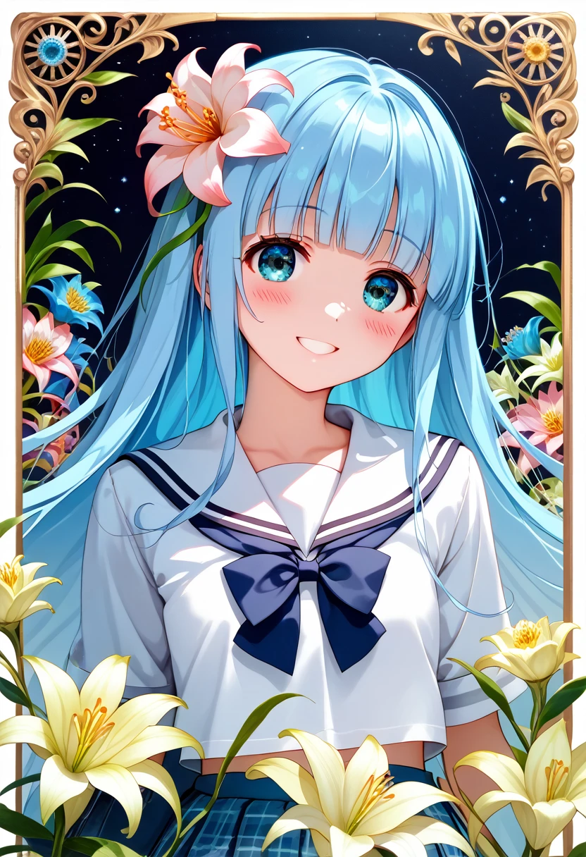 masterpiece, best quality, extremely detailed, (illustration, official art:1.1), 1 girl ,(((( light blue long hair)))), ,(((( light blue long hair)))),light blue hair, , long hair ((blush)) , cute face, big eyes, masterpiece, best quality,(((((a very delicate and beautiful girl))))),Amazing,beautiful detailed eyes,blunt bangs((((little delicate girl)))),(((tareme))),droopy eyes.(true beautiful:1.2), sense of depth,dynamic angle,,,, affectionate smile, (true beautiful:1.2),,(tiny 1girl model:1.2),)(flat chest), Poster,(Mucha:1.2),((Art Deco,Botanical Art,Flower Art)),(Floral:1.2),Lily flower, (masterpiece, Highest quality),(Vibrant colors,colorful),(Amazing details,Detailed Background),Anatomically correct,Accurate drawing,Detail view,Sense of luxury, Girl takes off clothes:1.6, Bare Belly, (school uniform:1.5), Spread your legs,
