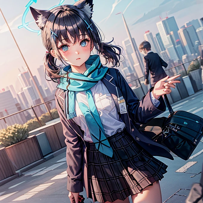 Red Eye　Light Blue Scarf　Twin tails　Black Hair　cat ears　Black leggings　light blue tie