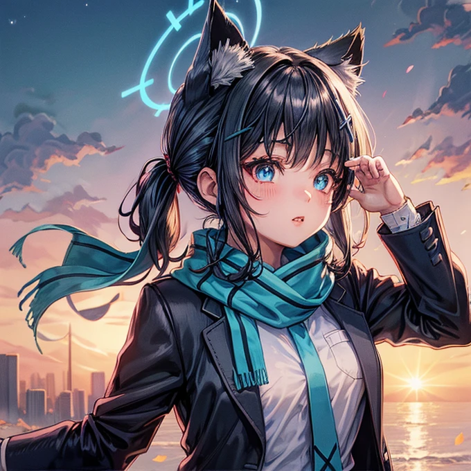 Red Eye　Light Blue Scarf　Twin tails　Black Hair　cat ears　Black leggings　light blue tie