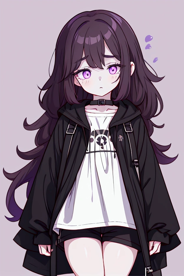 A short woman with long brown hair, purple eyes, circles under her eyes, a sleepy look (slightly dead appearance) and pale skin. She is wearing a black raincoat, white undershirt, black backpack and black shorts.