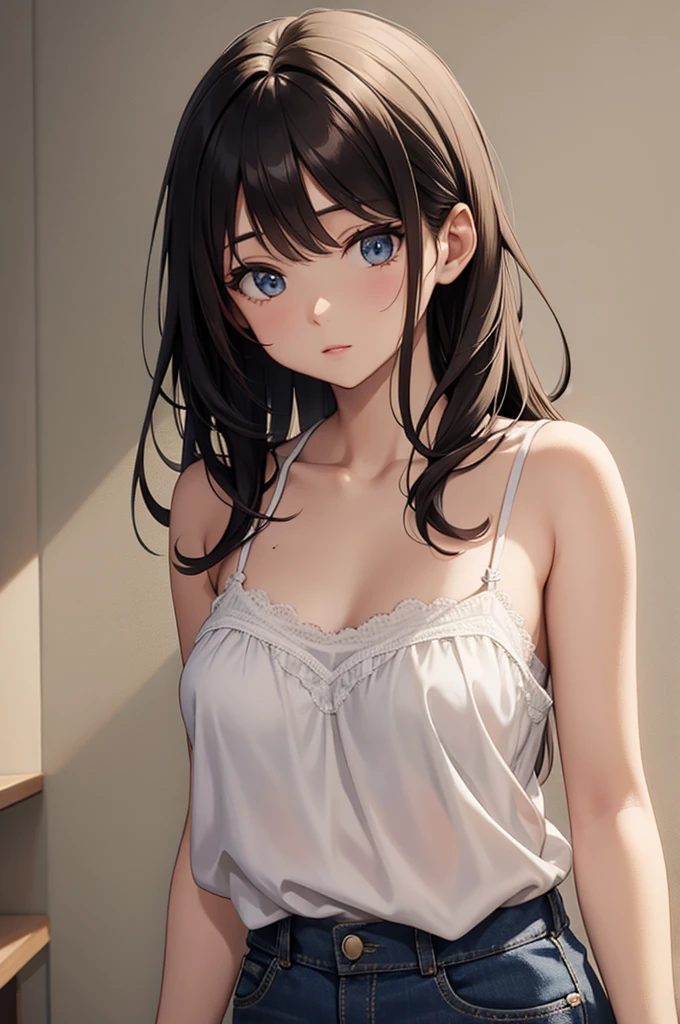 2d, Arte de boceto, Una mujer de anime, triste, cabello negro, tetona, small breasts, escote, Pov, cerrar, nightie, (ojos detallados, hermoso cuarto de ojos