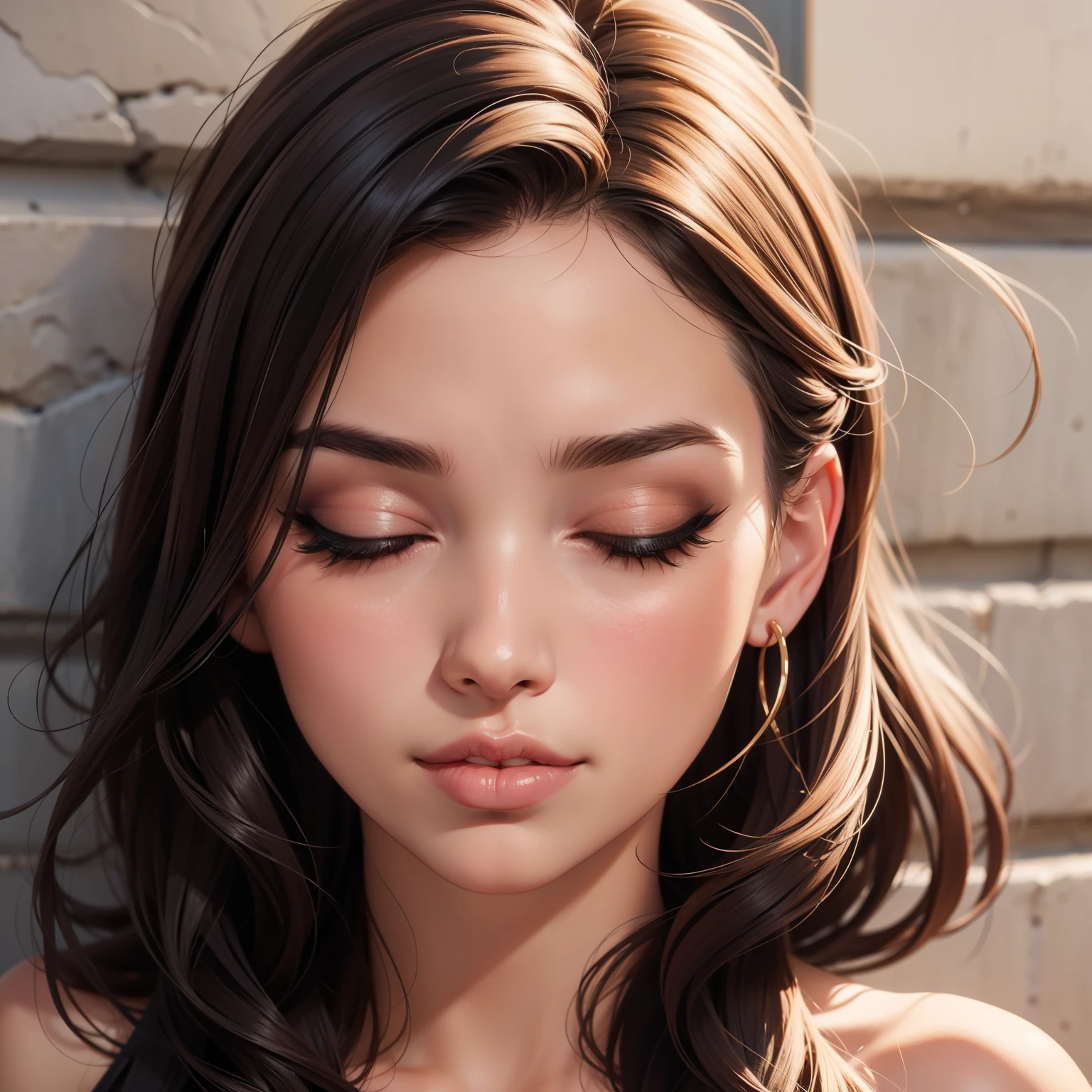 Close up shot of a woman who has closed her eyes and parted her perfect lips, blushing very hard, kissable face and lips, amazing makeup, against a wall