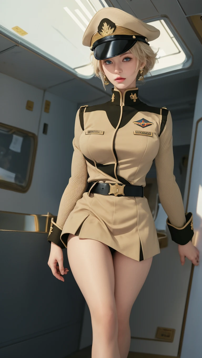 1 girl、Beautiful female officer of the Earth Federation Forces、black short hair、Idol class cuteness、baby face、Attach operator intercom to head、accurately drawn face、Slender but big breasts、healthy thighiniskirt type Earth Federation Forces uniform、knee high、Inside the bridge of a battleship、anatomically correct、precise fingers、exact limbasterpiece、Photorealise
