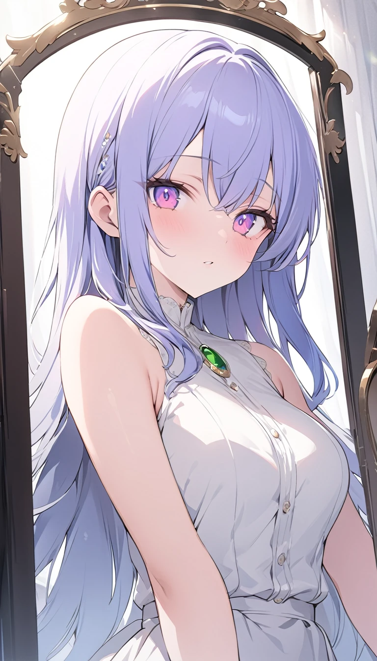 nsfw, 1 girl, ((detailed eyes)), ((bright eyes, red heterochromatic eye, blue heterochromatic eye)), long white hair, white cat ears, ((maid)), ((visible breasts, huge breasts , exposed breasts, visible nipples, exposed nipples, topless)), smiling expression, black thong, looking at viewer, blushing,