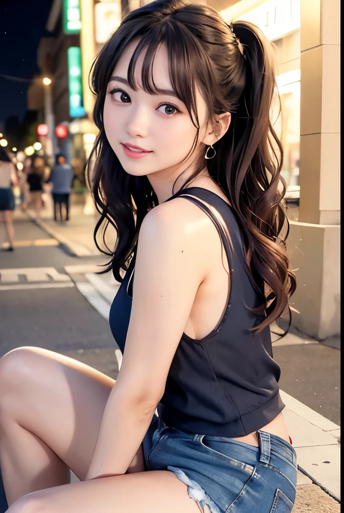 1人、Whole human body、Whole human body(6.8 head body)、Height 153 cm、beauty legs、Female around 17 lita girl、Oraeye makeup、Small(B Cup)、hairstyle on(black har、poneyTail)、petite and slender figure,、beauty legs、mini-skirts、a photo、lightly clothed、realisticlying、最好质量、adopt、detailed faces、depth of field、Bokeh