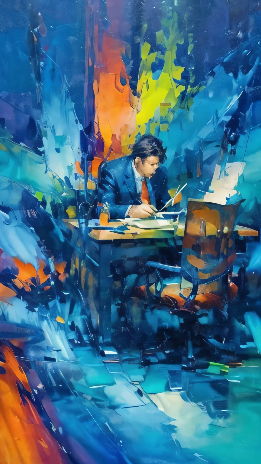 A faceless figure in a suit, seated at a desk surrounded by swirling, abstract forms in deep blues, purples, and greens. His hand, writing in mid-motion, leaves a trail of vibrant colors—bold strokes of red, orange, and yellow—spilling out like thoughts coming to life. The desk is distorted, melting into the background, symbolizing the flow of ideas and creativity. The environment around him is chaotic yet serene, reflecting the internal wisdom and contemplation involved in the act of writing, as the world bends to his quiet focus.