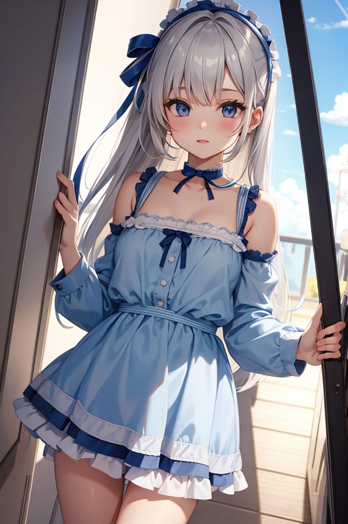 Silver-haired blue eyes、 girl、Small breasts、Twin tails、Laughter、Nico Nico Smile、Wink、 girl、Looks about 15 years old、Petan Musume、short、There are highlights in the eyes、Gal-like appearance、Wearing piercings、She leans forward and seduces、Wear light clothing、It's very hot and I'm sweating