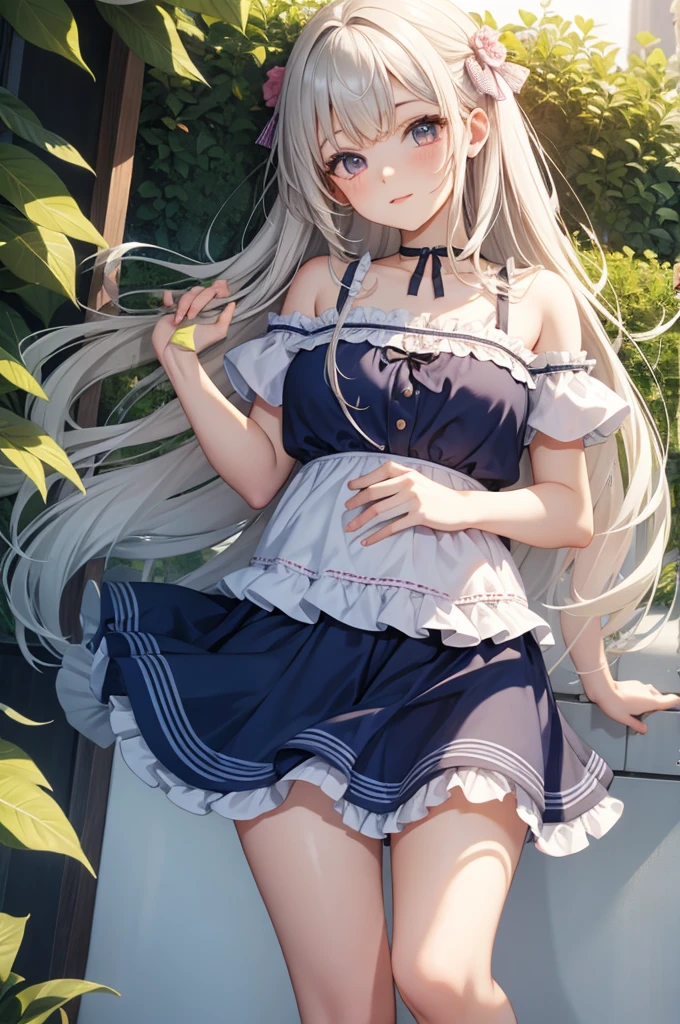 (high quality, High resolution, Very detailed, reality:1.37), Peaceful atmosphere, (Outdoor, garden), 5 year old girl standing alone, (my breasts are small.), Beautiful details, Cute Smile, (Long white hair), ((Black sheer camisole dress)), White socks, White high heels、White Hat.NSFW、((Sheer milk))、((Crotch showing through))