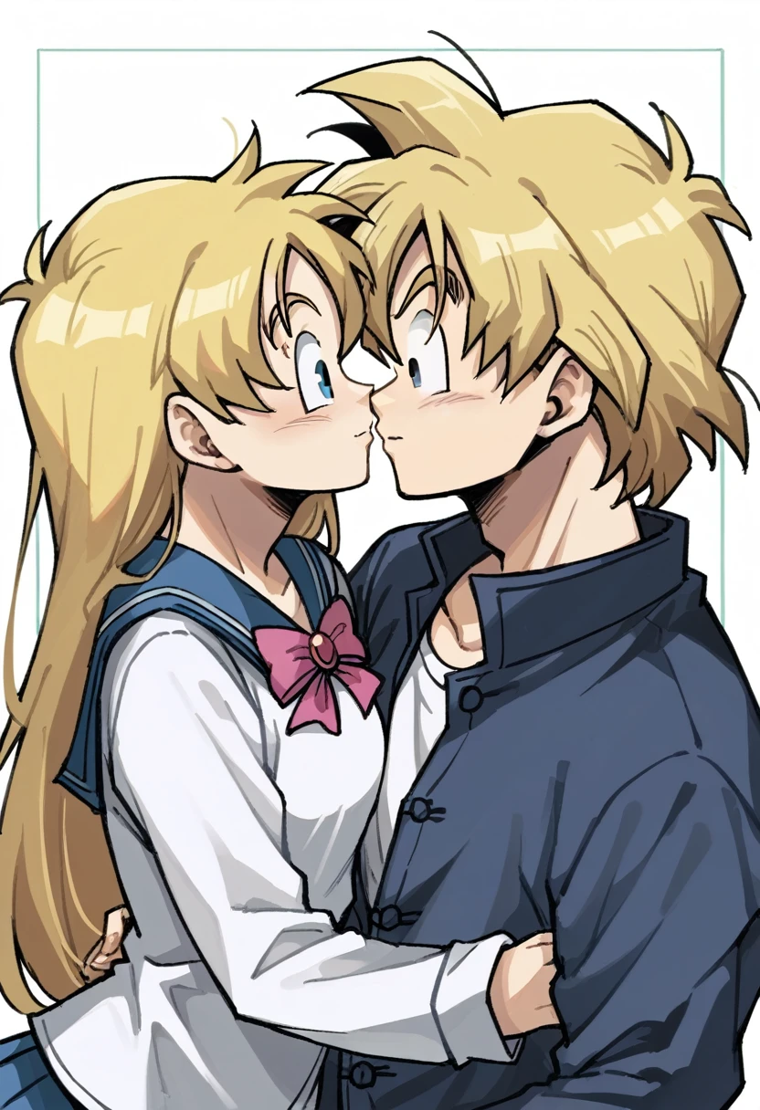 Draw me a young couple hugging, the girl has white skin, and long blonde hair like Minako Aino from Sailor Venus, Her eyes are blue like Minako Aino from Sailor Venus, She is wearing a pink white dress, and he has white skin, Her hair is black, and his hairstyle is disheveled like Son Goten from Dragon Ball Super Super hero, His eyes are black like Son Goten from Dragon Ball Super Super Hero, She is wearing a white blouse and black jeans. all this in anime style