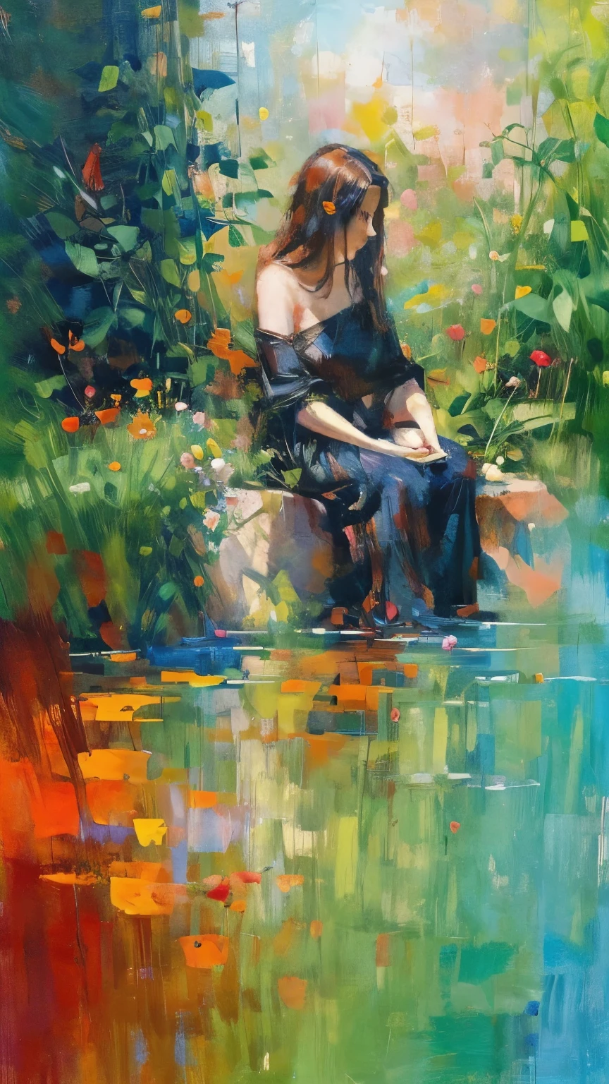 A faceless figure, seated in a meditative posture, surrounded by an abstract garden of distorted, blooming flowers in vibrant, fauvist hues of orange, pink, and blue. The plants grow slowly, their lines long and flowing, representing the gradual beauty that comes with patience. In the background, expressive, bold strokes of chaotic reds and blacks symbolize impatience and frustration, but the figure is bathed in soft light, undisturbed. The scene conveys the philosophical wisdom that patience nurtures growth and inner peace amidst life's turbulence.