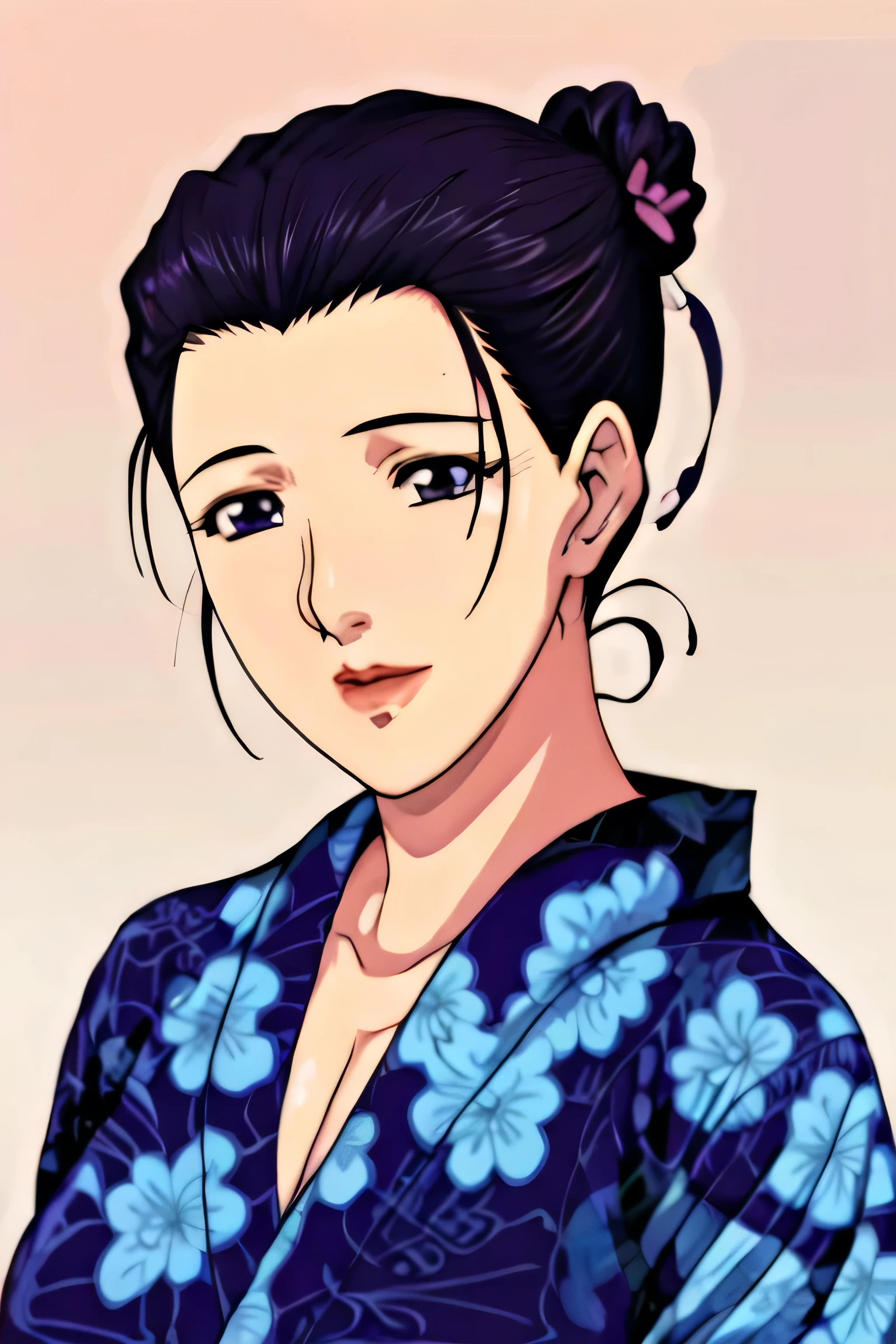 Simple Background,White Background,
purple kimono,floral print,japanese clothes,wide sleeves,long sleeves,
cleavage,
purple eyes, black hair,bangs,hair bun,
1 girl,Young female,Beautiful long legs,Beautiful body,
Beautiful Nose,Beautiful character design, perfect eyes, perfect face,expressive eyes,perfect balance,
looking at viewer,(Focus on her face),closed mouth, (innocent_big_eyes:1.0),(Light_Smile:0.3),
official art,extremely detailed CG unity 8k wallpaper, perfect lighting,Colorful, Bright_Front_face_Lighting,White skin,
(masterpiece:1.0),(best_quality:1.0), ultra high res,4K,ultra-detailed,
photography, 8K, HDR, highres, absurdres:1.2, Kodak portra 400, film grain, blurry background, bokeh:1.2, lens flare, (vibrant_color:1.2),professional photograph,
(Beautiful,large_Breasts:1.4), (beautiful_face:1.5),(narrow_waist),big boobs, navy blue, single bun hairstyle
