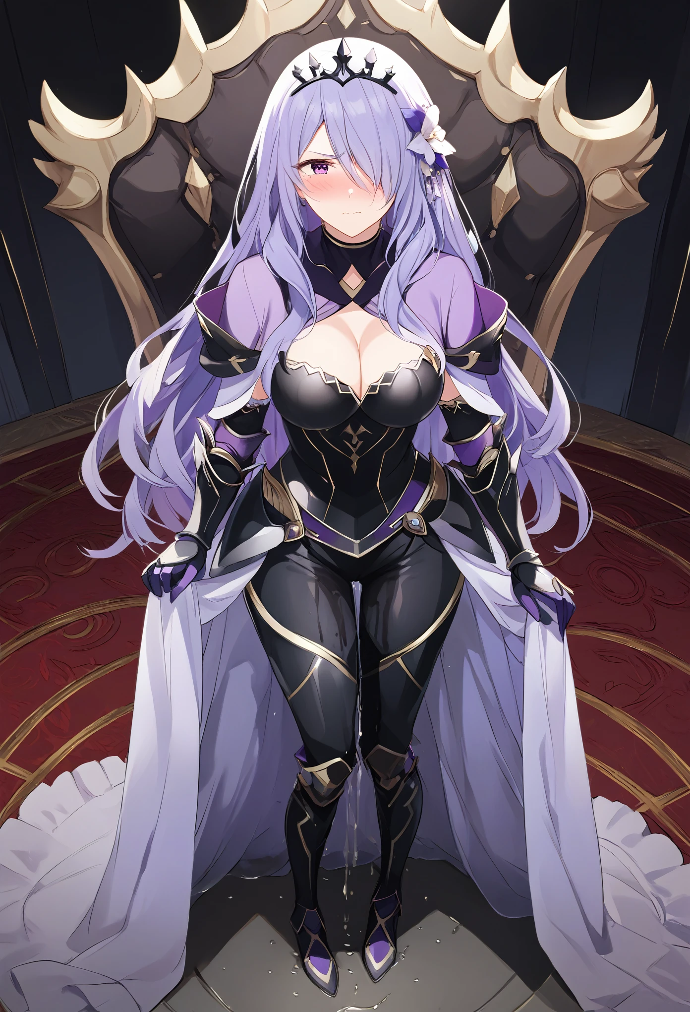 score_9, score_8_up, score_7_up, score_6_up, score_5_up, (1girl:1.5), solo, defCm, hair over one eye, black tiara, purple capelet, black armor, cleavage, gauntlets, gloves, armored legwear, tight pants, see-through, extremely detailed eyes and face, detailed facial features, wetting self, (heavily wetting self:1.25), standing, knees together, throne room, from above, embarrassed, humiliation, (angry:1.5), (blushing:2.0) (standing:1.5), tears, (best quality,4k,8k,highres,masterpiece:1.2),ultra-detailed, portrait, cinematic lighting, dramatic contrast, (full body:1.5)