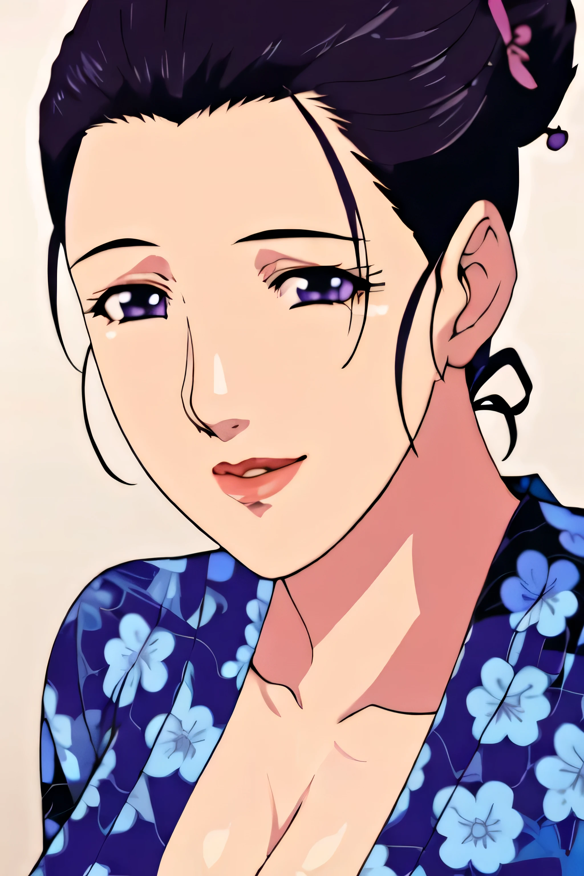 Simple Background,White Background,
purple kimono,floral print,japanese clothes,wide sleeves,long sleeves,
cleavage,
purple eyes, black hair,bangs,hair bun,
1 girl, 20yo,Young female,Beautiful long legs,Beautiful body,
Beautiful Nose,Beautiful character design, perfect eyes, perfect face,expressive eyes,perfect balance,
looking at viewer,(Focus on her face),closed mouth, (innocent_big_eyes:1.0),(Light_Smile:0.3),
official art,extremely detailed CG unity 8k wallpaper, perfect lighting,Colorful, Bright_Front_face_Lighting,White skin,
(masterpiece:1.0),(best_quality:1.0), ultra high res,4K,ultra-detailed,
photography, 8K, HDR, highres, absurdres:1.2, Kodak portra 400, film grain, blurry background, bokeh:1.2, lens flare, (vibrant_color:1.2),professional photograph,
(Beautiful,large_Breasts:1.4), (beautiful_face:1.5),(narrow_waist),