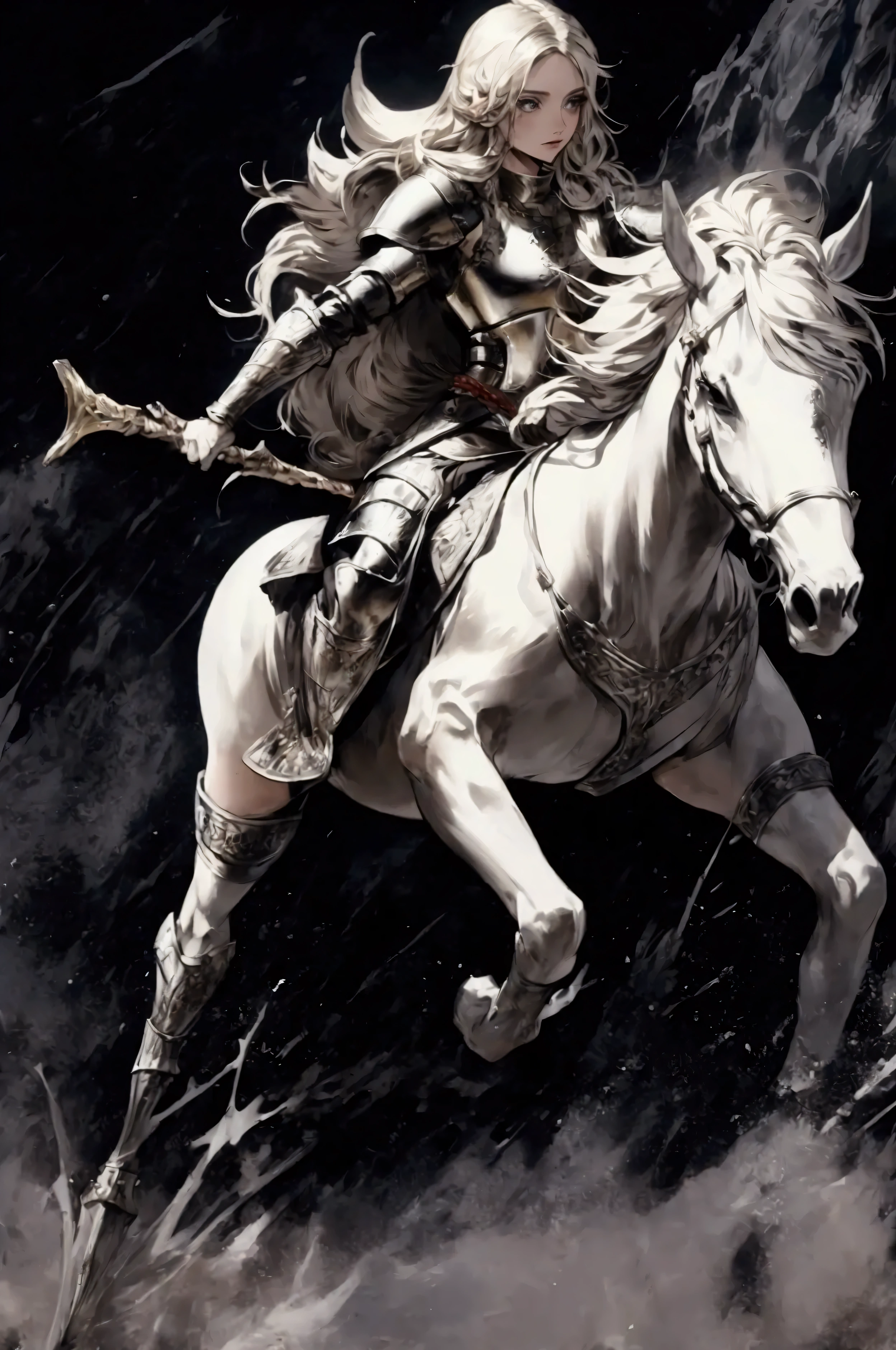 Fantasy Viking soldier riding gracefully on a horse and holding a spear. Female, sexy, long flowing hair, Viking armor, battlefield background