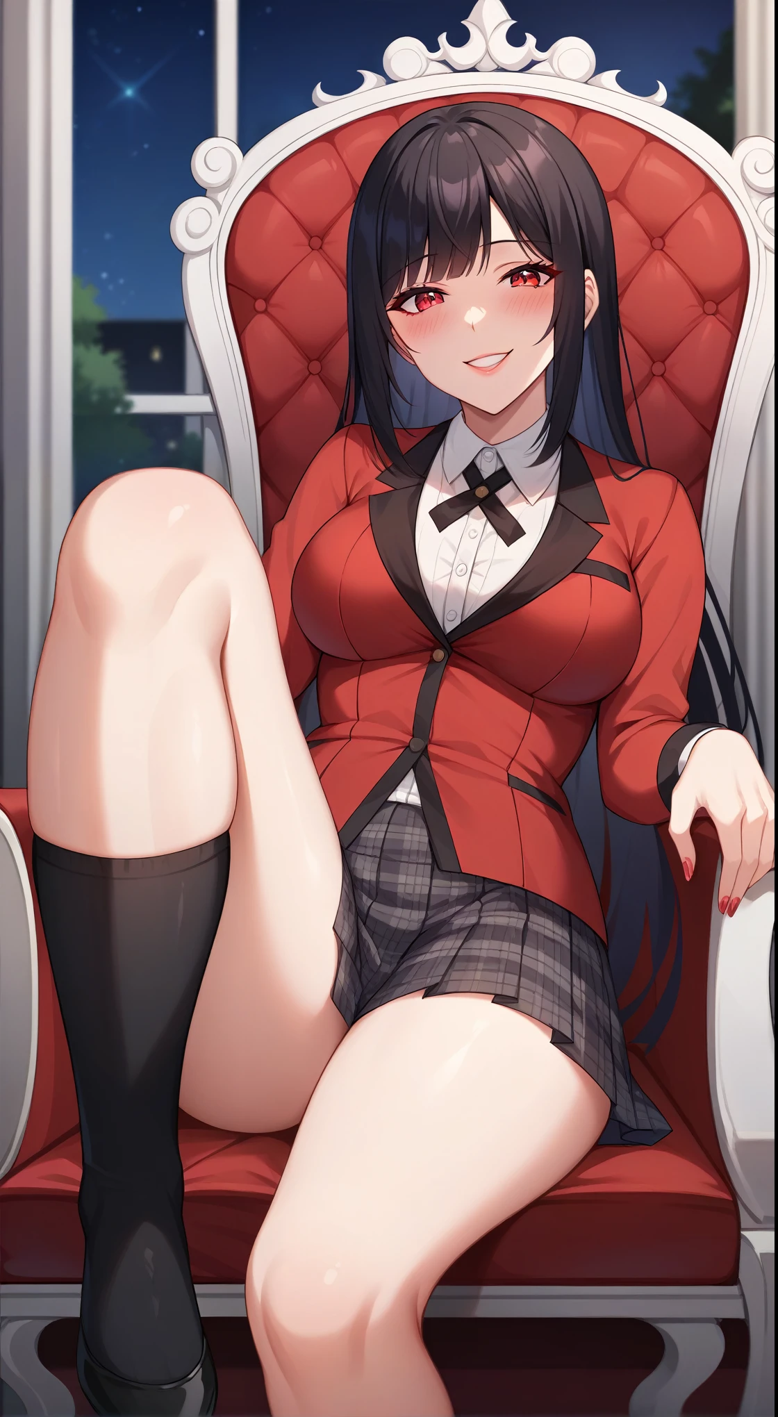 Adult, female, mature, Yumeko Jabami | Kakegurui, black hair with straight bangs, red eyes, insane expression, big red eyes. sonrisa rubor, perfect ruby red eyes, perfect red irises, voluptuous body, perfect small natural breasts, plump lips, slender figure, school uniform, red long sleeves, beautiful pleated black skirt, black socks, sassy neckline, night, techno, sitting on a throne, comfortable throne, insane smile, in cyber decor, sexy woman, dominant, blushing with shyness, seductive, cute smile, close up, (Masterpiece, Anatomically Correct, Accurate, Best Quality, Detail, High Details, Quality, Super Detailed, High Quality, Skin Detail, Amazing Skin Detail), (SuperQuality:1.0) ~ (SuperQuality:1.2)