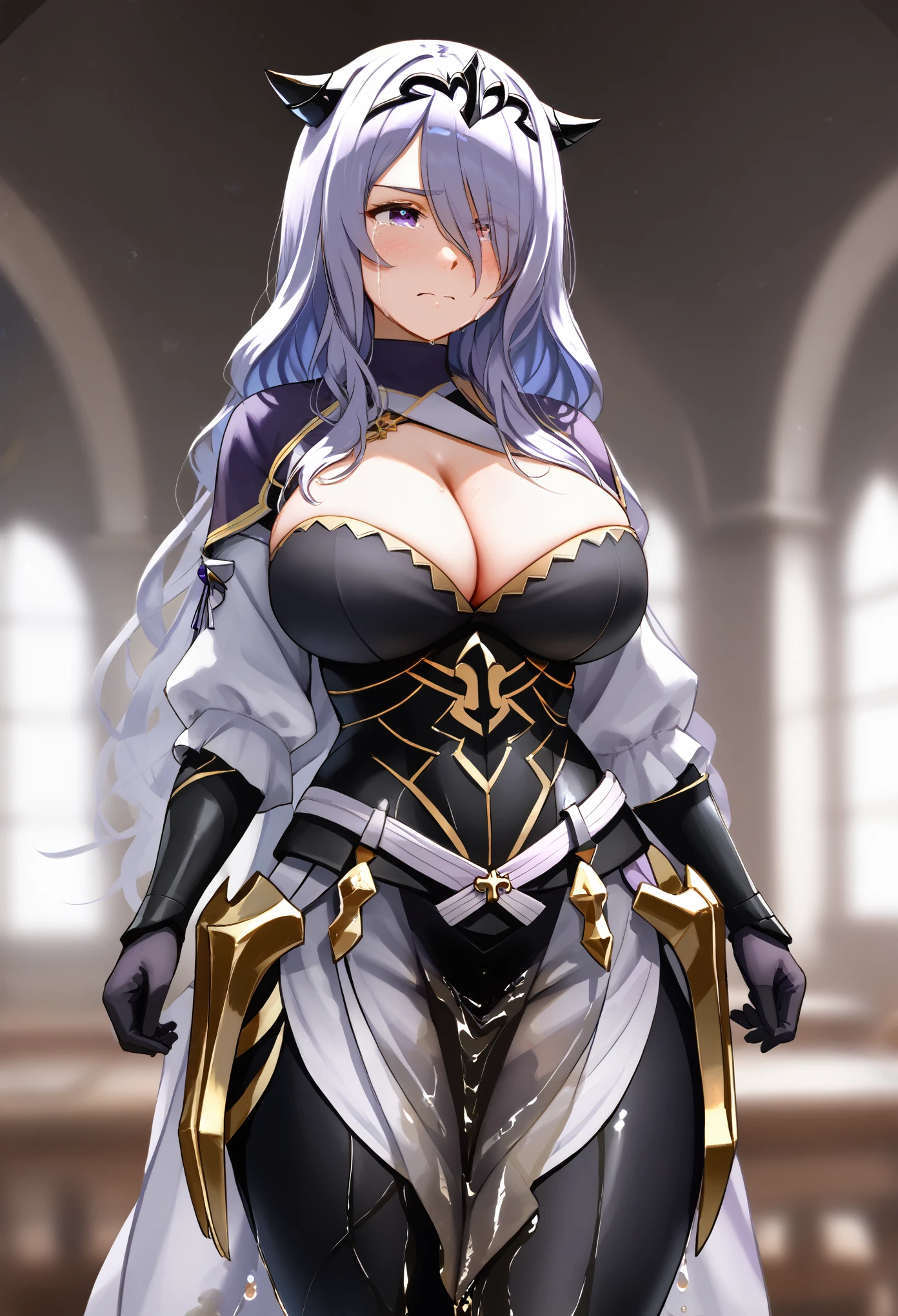 defCm, 1girl, huge breasts, A detailed portrait of a young woman hair over one eye, wearing a black tiara, purple capelet, black armor, cleavage, gauntlets, gloves, armored legwear, yoga pants, see-through, (1girl, detailed eyes, extremely detailed face), beautiful detailed eyes, extremely detailed eyes and face, long eyelashes, (wetting self:2.0), humiliation, blushing, angry, tears, standing, (best quality, 4k, 8k, highres, masterpiece:1.2), ultra-detailed, HDR, UHD, studio lighting, ultra-fine painting, sharp focus, physically-based rendering, extreme detail description, professional, vivid colors, bokeh, portrait