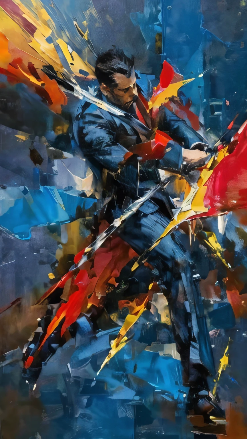 A faceless figure in a suit stands at the center of an abstract battlefield. Around him, jagged, chaotic strokes of deep red, black, and sharp yellow slash through the air, representing the intensity of frustration and impatience. The figure's body is split—one side calm, filled with soft blues and greens, the other side dissolving into chaotic, violent brushstrokes, symbolizing the internal battle of patience slipping away. The ground beneath him cracks and distorts, highlighting that losing patience leads to losing control and focus.