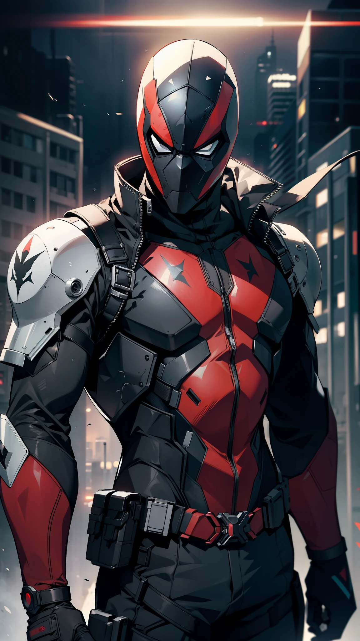 Black and gray modern combat suit, white cyberpunk leather jacket, Fully steel carbon helmet (no visor), vigilante, dark urban background no lights, Dark and windy, masterpiece, realistic, Ultra HD, ultra high resolution, 8K, cinematic, upscale. Slade Mask, dark red accents, no chest armor, deadpool, taskmaster, red hood.