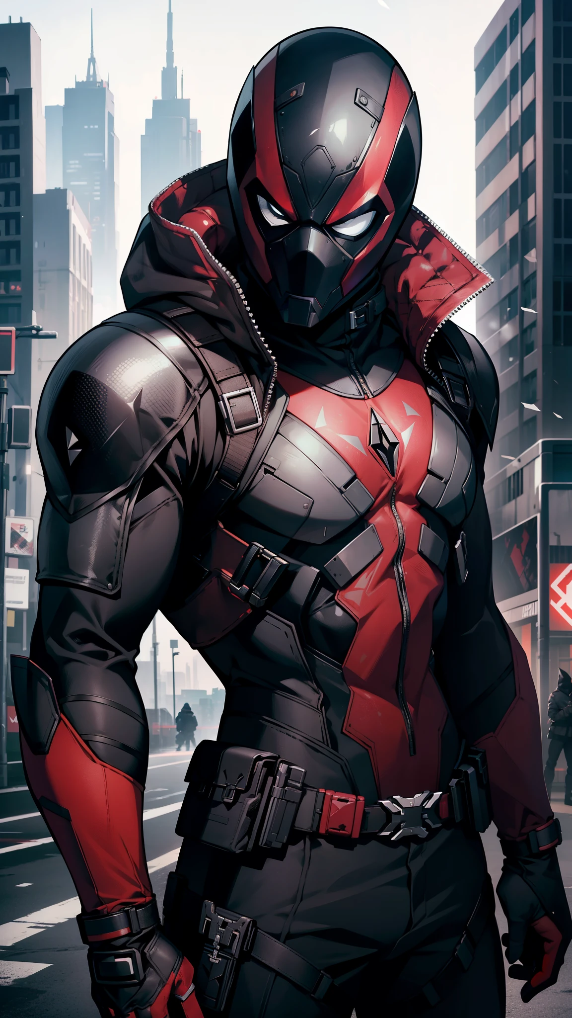 Black and gray modern combat suit, white cyberpunk leather jacket, Fully steel carbon helmet (no visor), vigilante, urban background, Dark and windy, masterpiece, realistic, Ultra HD, ultra high resolution, 8K, cinematic, upscale. Slade Mask, dark red accents, no chest armor, deadpool, taskmaster, red hood.