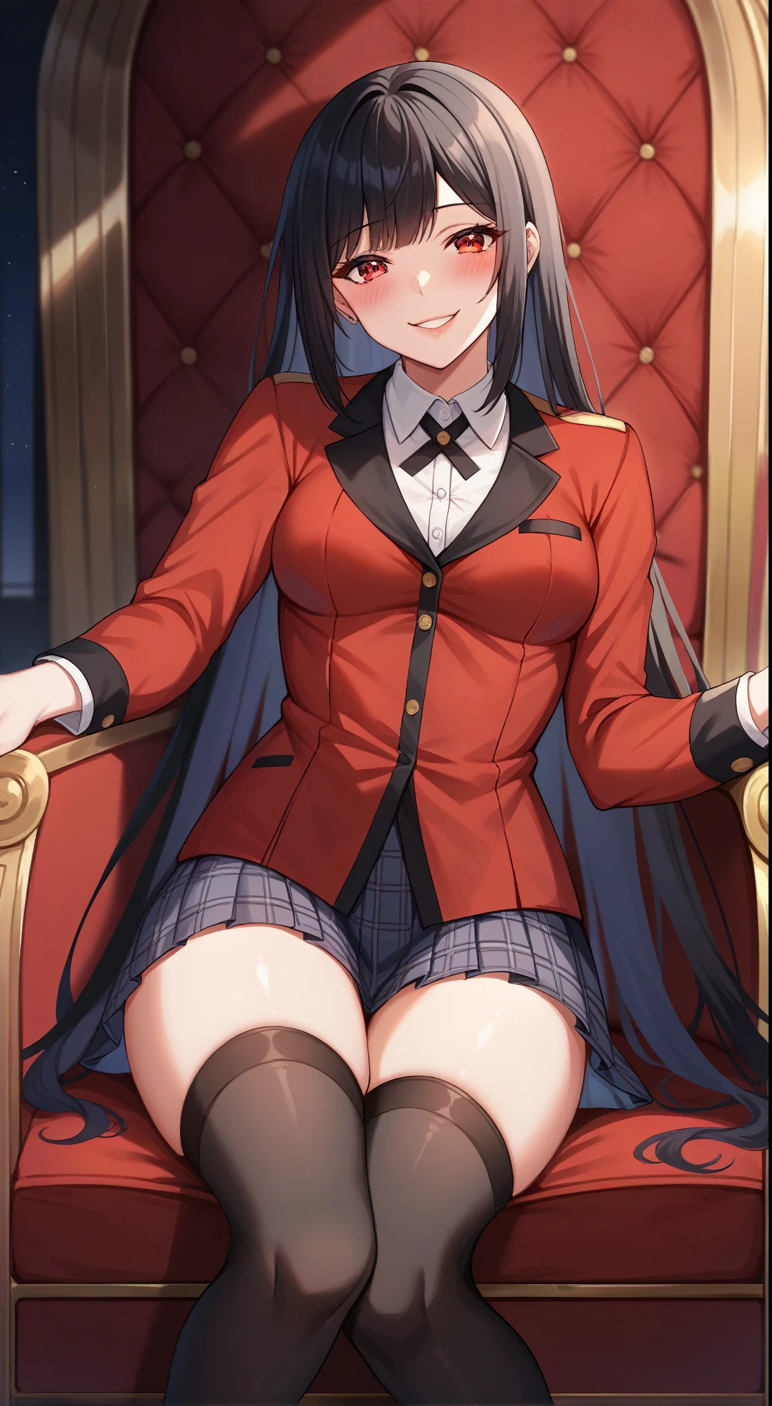 adult, female, maduro, Yumeko Jabami | Kakegurui, black hair with straight bangs, red eyes, insane expression, big red eyes. smile blush, perfect ruby red eyes, perfect red iris, voluptuous body, perfect natural small breasts, Full lips, slender figure, school uniform, red long sleeves, beautiful black pleated skirt, Black Stockings, BOLD NECKLINE, night, tecno, sitting on a throne, comfortable throne, insane smile, in cyber decoration, sexy woman, Dominant, blushing with shyness, seductive, cute smile, close up, (masterpiece, anatomically correct, Necessary, Best quality, detail, High details, quality, Super detailed, High quality, Skin detail, Amazing Skin detail), (Superquality:1.0) ~ (Superquality:1.2)