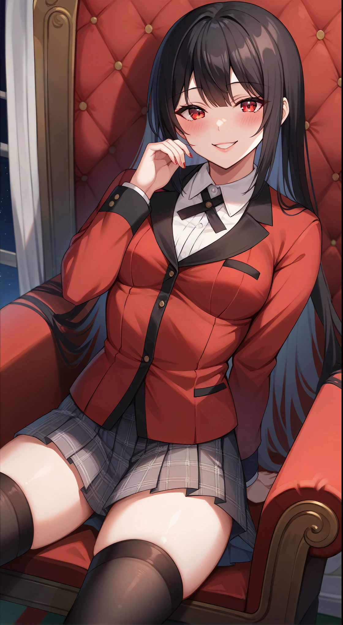 adult, female, maduro, Yumeko Jabami | Kakegurui, black hair with straight bangs, red eyes, insane expression, big red eyes. smile blush, perfect ruby red eyes, perfect red iris, voluptuous body, perfect natural small breasts, Full lips, slender figure, school uniform, red long sleeves, beautiful black pleated skirt, Black Stockings, BOLD NECKLINE, night, tecno, sitting on a throne, comfortable throne, insane smile, in cyber decoration, sexy woman, Dominant, blushing with shyness, seductive, cute smile, close up, (masterpiece, anatomically correct, Necessary, Best quality, detail, High details, quality, Super detailed, High quality, Skin detail, Amazing Skin detail), (Superquality:1.0) ~ (Superquality:1.2)