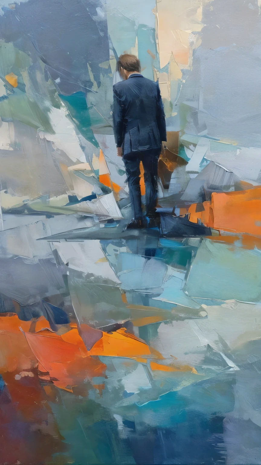A faceless figure in a suit stands motionless on a vast, abstract plain where the brushstrokes are long and slow, painted in muted blues, grays, and soft greens. His hands hang loosely at his sides, with no movement or intent left. Surrounding him are fragments of once-vibrant colors—fiery oranges, sharp reds—now fading into soft, calm hues. The background is a mixture of flowing, dreamlike shapes, expressing the resignation to stillness and the philosophical acceptance that all striving has ceased.