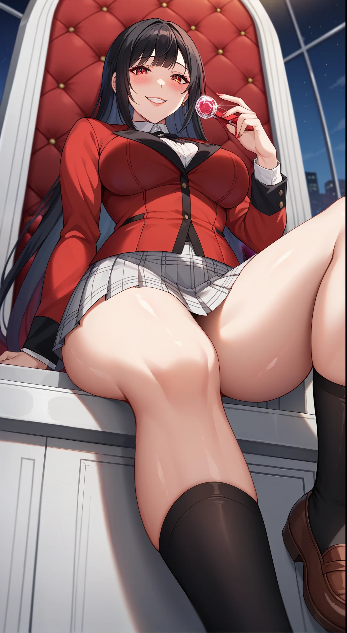 Adult, female, mature, Yumeko Jabami | Kakegurui, black hair with straight bangs, red eyes, insane expression, big red eyes. sonrisa rubor, perfect ruby red eyes, perfect red irises, voluptuous body, perfect medium natural breasts, plump lips, slender figure, school uniform, red long sleeves, beautiful pleated black skirt, black socks, sassy neckline, night, techno, sitting on a throne, comfortable throne, insane smile, in cyber decor, I want a dark and macabre scenario, a view from below, sexy woman, dominant, blushing with shyness, seductive, cute smile, close up, (Masterpiece, Anatomically Correct, Accurate, Best Quality, Detail, High Details, Quality, Super Detailed, High Quality, Skin Detail, Amazing Skin Detail), (SuperQuality:1.0) ~ (SuperQuality:1.2)