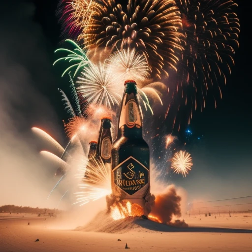 fireworks exploding in the sky behind a beer bottle on a beach, corona render, rendered in corona, render corona, inspired by Mike Winkelmann, award winning. octane render, corona renderer, beeple and mike winkelmann, by Mike Winkelmann, photoreal octane rendering, 3 d render beeple, corona rendered
