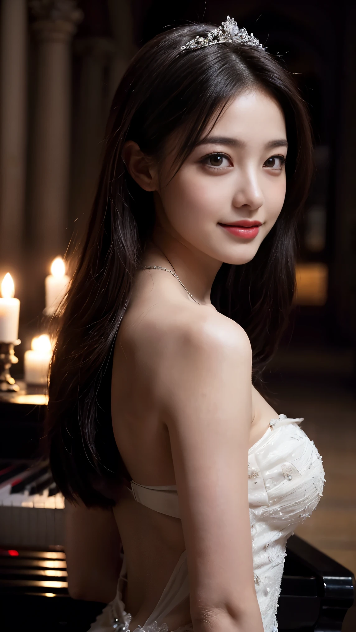 8k, Best Quality, Very high quality, masterpiece, Ultra-high resolution, Photorealistic, 超Realisticな, Realistic, Very detailed, RAW Photos, Realistic, Ultra-realistic, Ultra high definition, Increase contrast, Increase saturation, Realistic Skin, Realistic Skin色, Beautiful Skin, Cute Face, Beautiful expression, A kind smile, A vivid face, Beautiful detailed hair, Beautiful detailed eyes, Beautiful woman with perfect figure, Attractive, (A cute Japanese girl:1.2), (Straight Long:1.2), (A beautiful tiara with sparkling diamonds), (Very detailedで綺麗な赤色のウエディングドレス:1.3), (Red high heels), (Full-body shot from the side while playing the piano:1.3), (Staring at the piano:1.2), (In the dark, candlelit cathedral,, by ilya kuvshinov, Alessio Albi, Nina Masik,, Sharp focus, Natural lighting, Scattered beneath the surface, F2, , Film Grain:1.3)、(Overall dark photo:1.3)