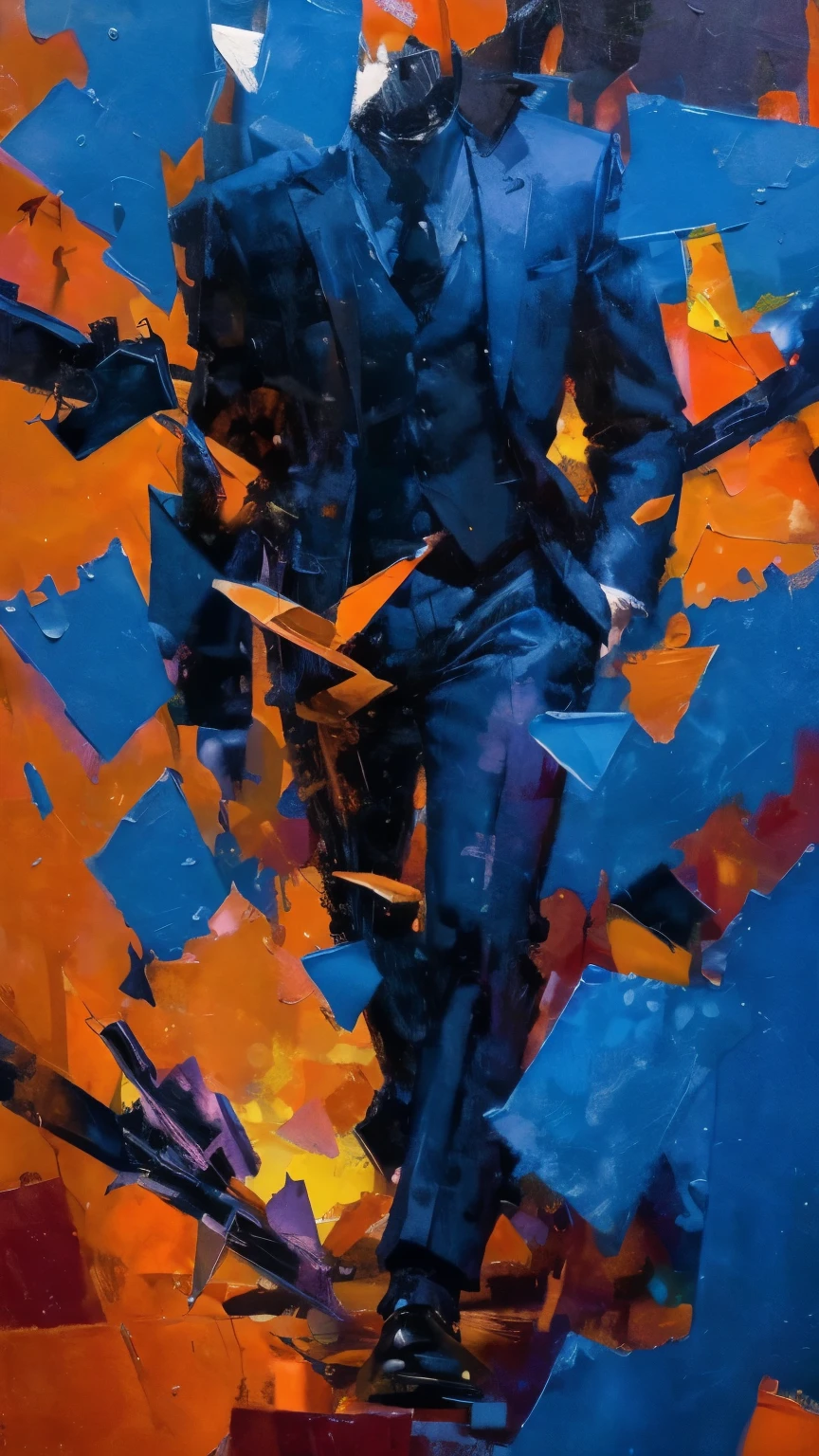 An abstract representation of a faceless figure in a suit, burdened by heavy, dark shapes symbolizing sacrifices, painted in deep blues, purples, and blacks. The figure is surrounded by vibrant, fragmented elements in bright oranges and yellows, representing fleeting moments of success. The background swirls with chaotic brushstrokes, illustrating the turmoil and struggle involved in the journey. Scattered along the path are broken pieces of vibrant color, symbolizing the sacrifices made along the way, emphasizing the contrast between the burden and the rewards of success.