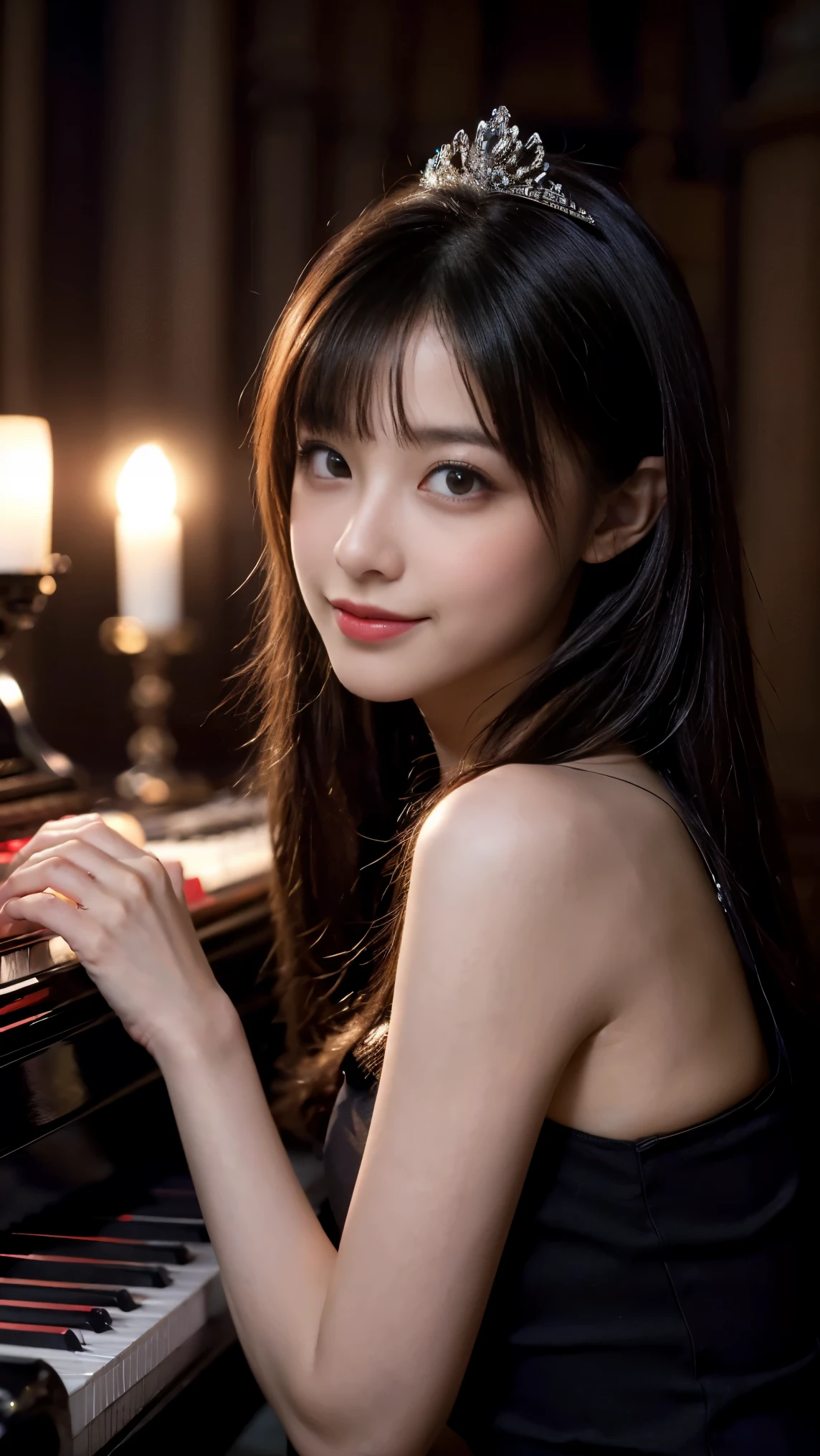 8k, Best Quality, Very high quality, masterpiece, Ultra-high resolution, Photorealistic, 超Realisticな, Realistic, Very detailed, RAW Photos, Realistic, Ultra-realistic, Ultra high definition, Increase contrast, Increase saturation, Realistic Skin, Realistic Skin色, Beautiful Skin, Cute Face, Beautiful expression, A kind smile, A vivid face, Beautiful detailed hair, Beautiful detailed eyes, Beautiful woman with perfect figure, Attractive, (A cute Japanese girl:1.2), (Straight Long:1.2), (A beautiful tiara with sparkling diamonds), (Very detailedで綺麗な赤色のウエディングドレス:1.3), (Red high heels), (Full-body shot from the side while playing the piano:1.3), (Facing forward:1.2), (In the dark, candlelit cathedral,, by ilya kuvshinov, Alessio Albi, Nina Masik,, Sharp focus, Natural lighting, Scattered beneath the surface, F2, , Film Grain:1.3)、(Overall dark photo:1.3)