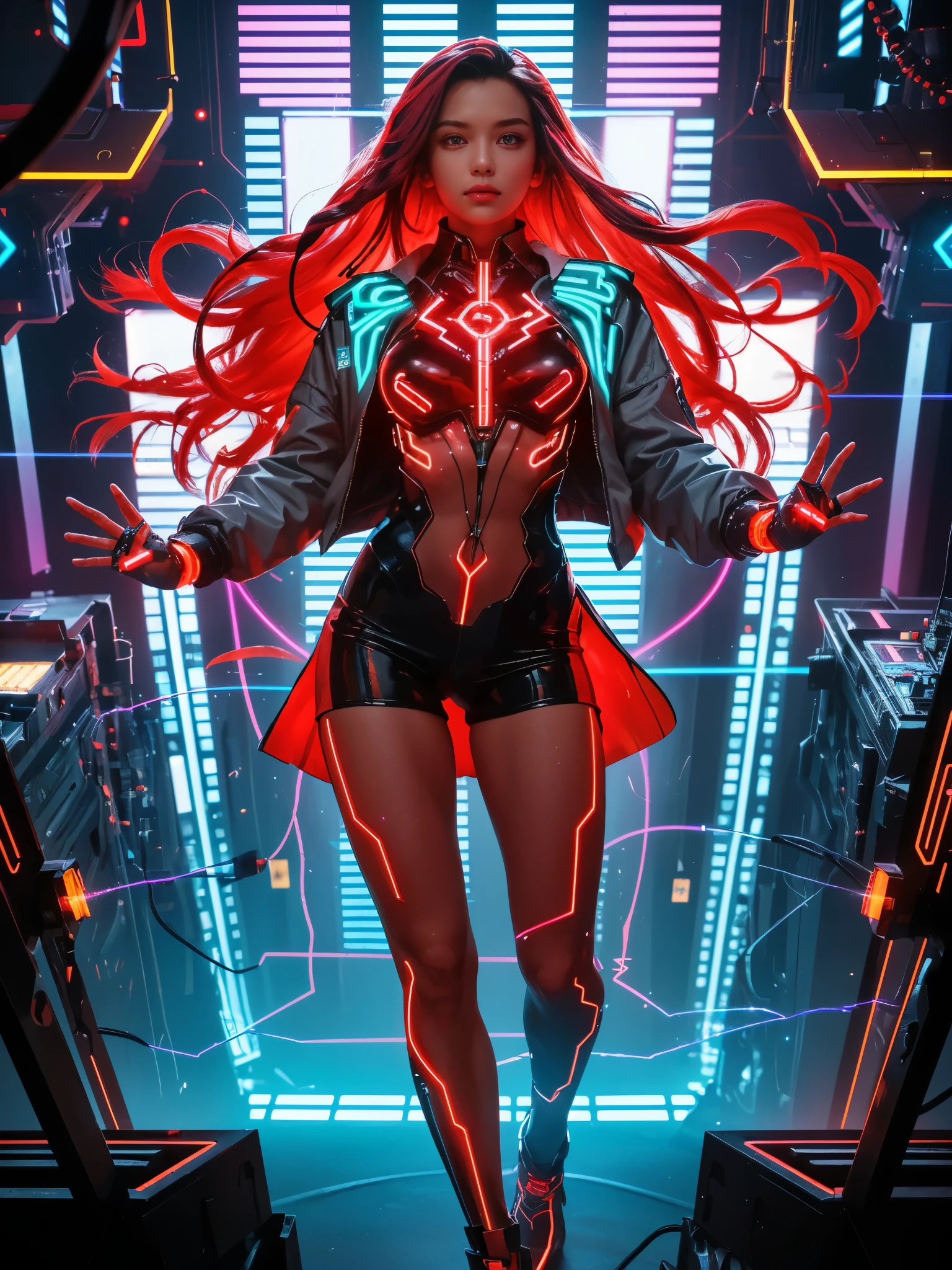 girl, her body made of glass, sparkling lights, futuristic, complex composition, super magical circuit integrated with her body, glowing circuit, energetic light spreads, (best quality, masterpiece, detailed:1.2), (black and red colors:1.2), (long neon hair:1.2), (lasers:1.2),