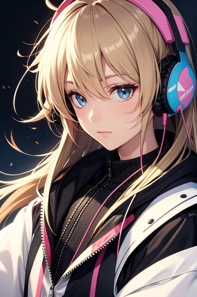 top-quality、Top image quality、masterpiece、girl with((18year old、Black navel exposes short sleeve hoodie、Sportsbra、White pants、Best Bust、Bust 90、a blond、disheveled semi-long、Blue eyes、open chest wide、Happiness、Chain Accessories、Put on headphones、Cosmic Accessories、weightless、looking upwards)hiquality、visualart、Background with(spaces、stele々、kosmos))、masutepiece、Best graphics、Super delicate