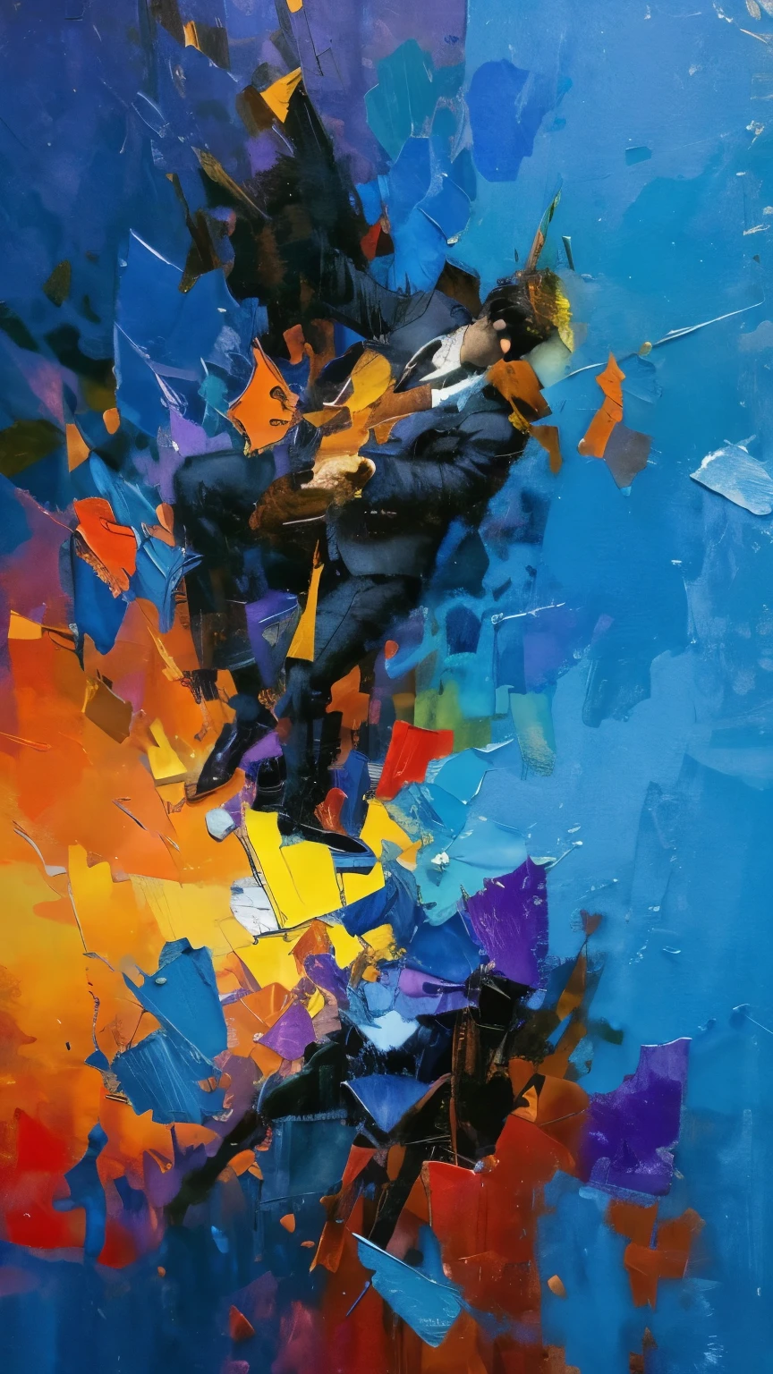 An abstract representation of a faceless figure in a suit, burdened by heavy, dark shapes symbolizing sacrifices, painted in deep blues, purples, and blacks. The figure is surrounded by vibrant, fragmented elements in bright oranges and yellows, representing fleeting moments of success. The background swirls with chaotic brushstrokes, illustrating the turmoil and struggle involved in the journey. Scattered along the path are broken pieces of vibrant color, symbolizing the sacrifices made along the way, emphasizing the contrast between the burden and the rewards of success.