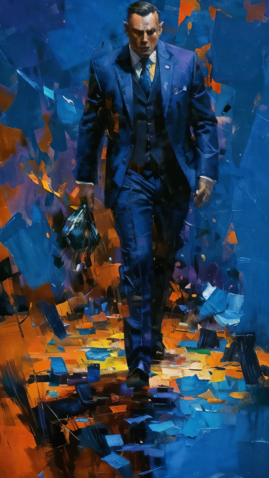 An abstract representation of a faceless figure in a suit, burdened by heavy, dark shapes symbolizing sacrifices, painted in deep blues, purples, and blacks. The figure is surrounded by vibrant, fragmented elements in bright oranges and yellows, representing fleeting moments of success. The background swirls with chaotic brushstrokes, illustrating the turmoil and struggle involved in the journey. Scattered along the path are broken pieces of vibrant color, symbolizing the sacrifices made along the way, emphasizing the contrast between the burden and the rewards of success.