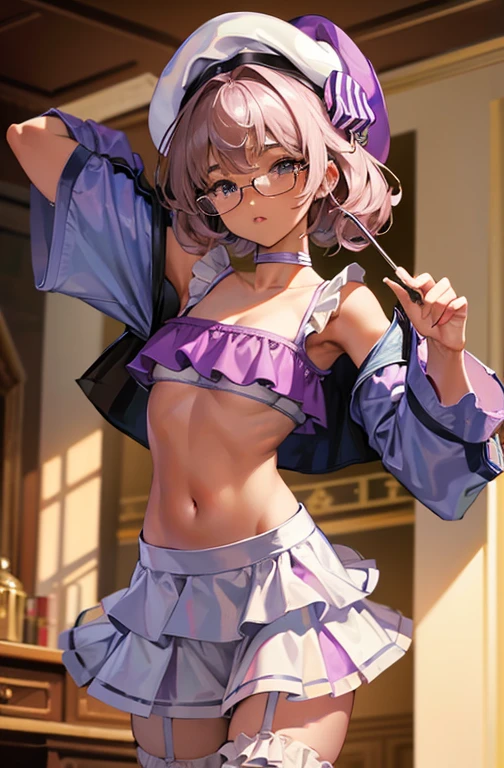 (masterpiece), (best quality), dark skinned female, afro, beret, glasses, frilled bikini top, very short pleated skirt, white thighhighs, garter straps, indoors, crowded dance club.